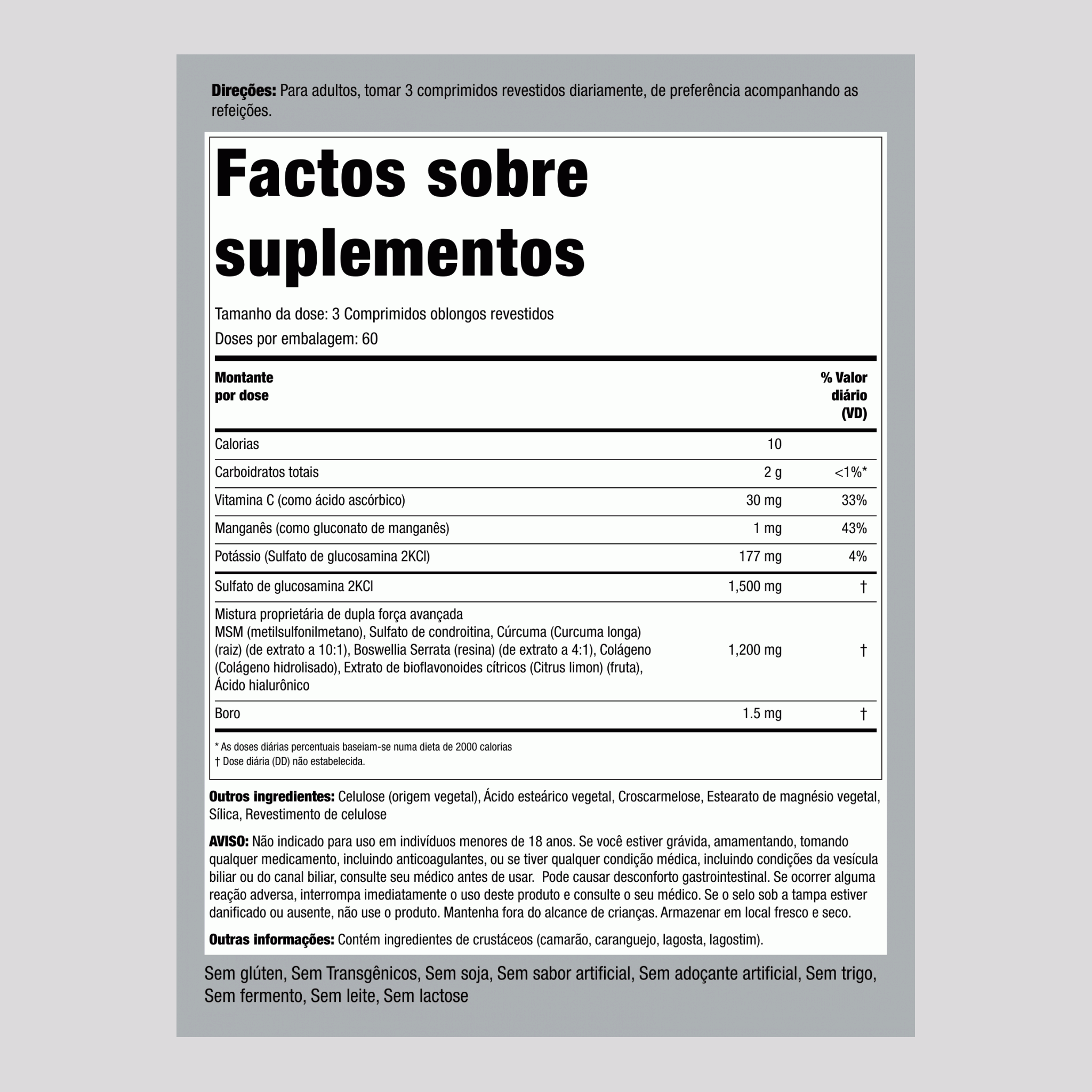 Glucosamina condroitina MSM Plus Dupla concentração avançada Açafrão-da-terra 180 Comprimidos oblongos revestidos       