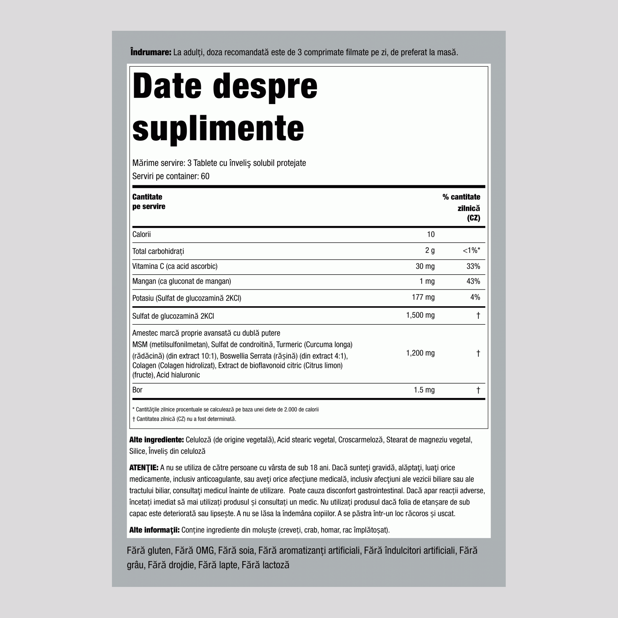 Glucozamină Condroitină MSM Plus cu dublă putere cu formulă avansată Turmeric 180 Tablete cu înveliş solubil protejate       