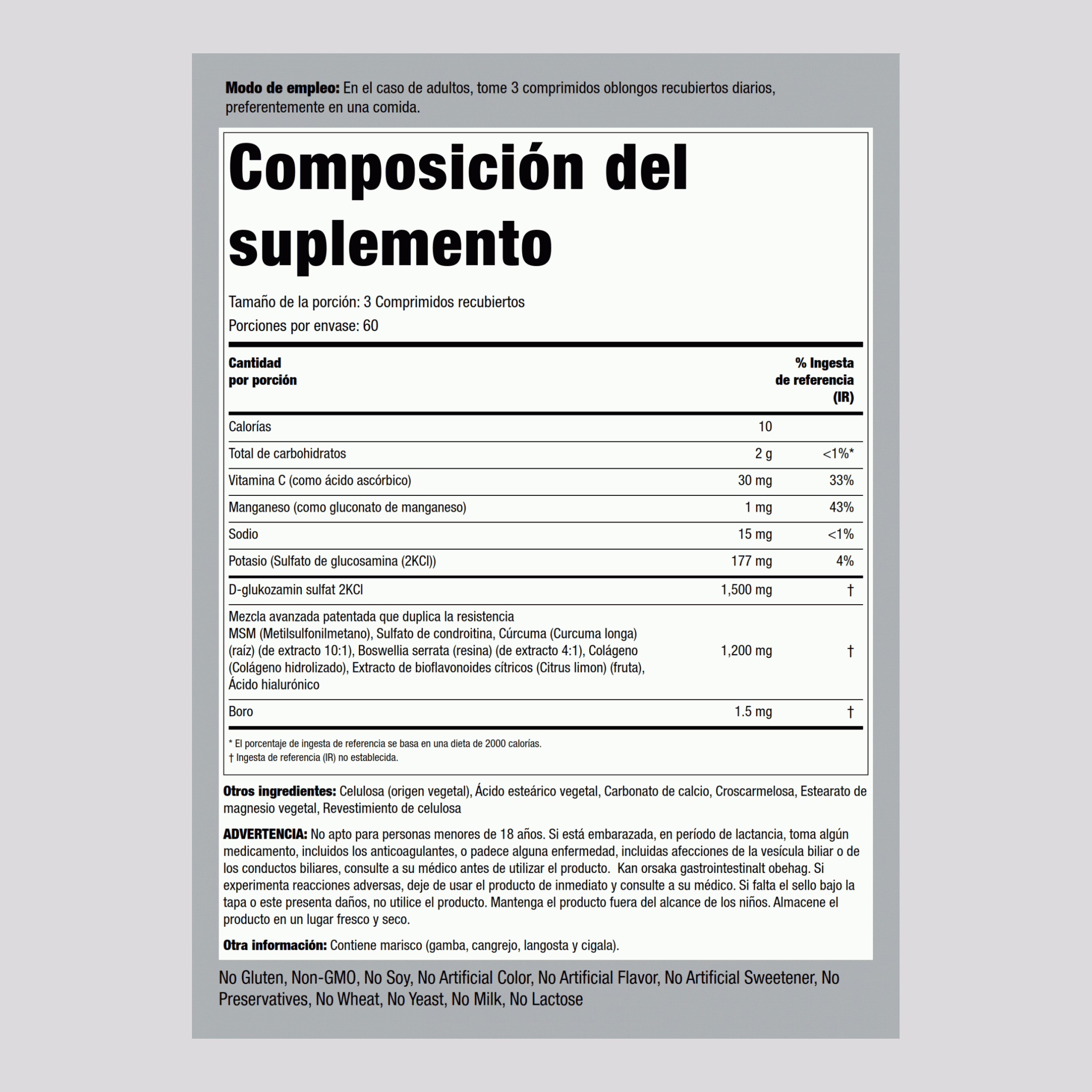 Glucosamina, condroitina, MSM Plus de doble concentración avanzada Cúrcuma 180 Comprimidos recubiertos       