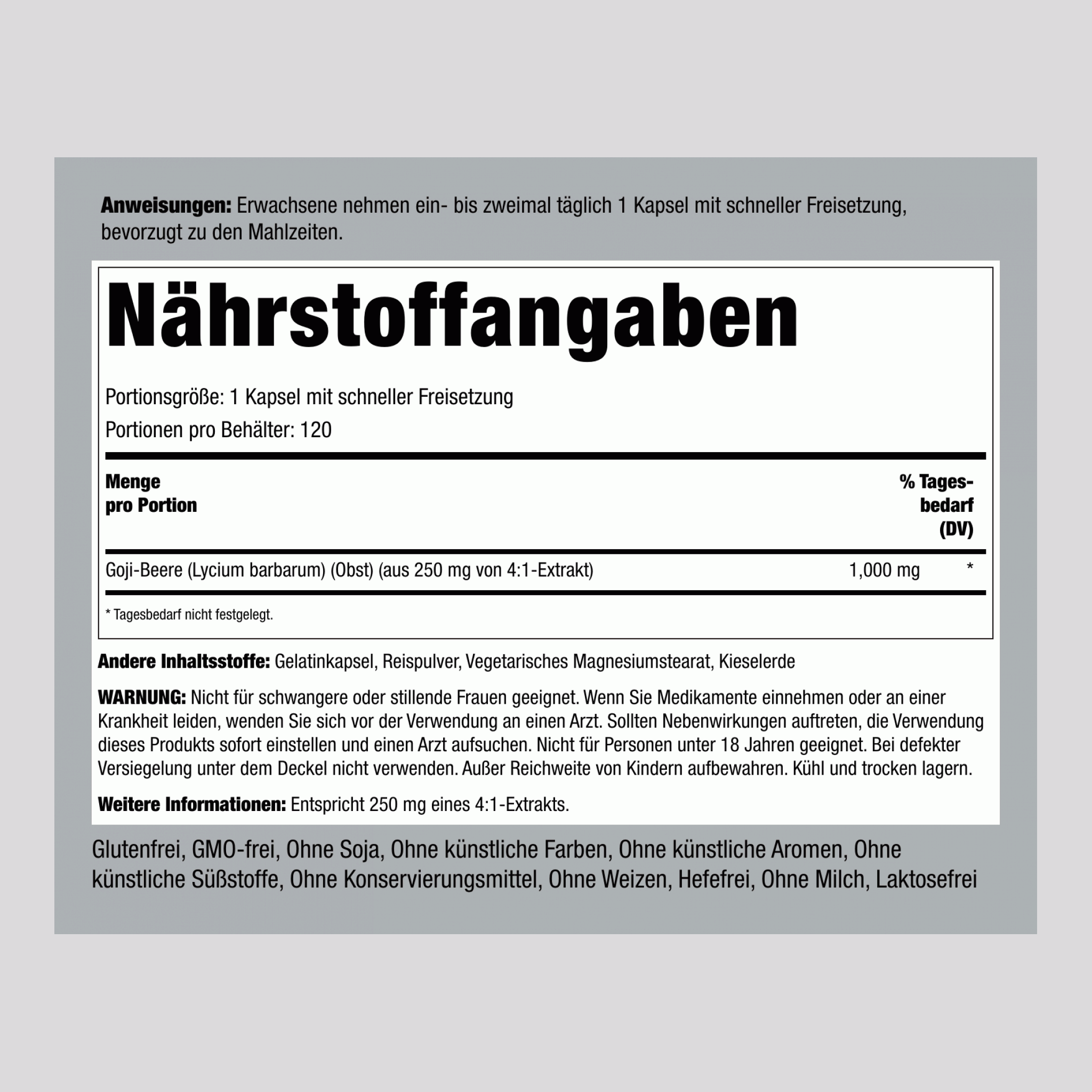 Goji-Beeren (Bocksdorn)  1000 mg 120 Kapseln mit schneller Freisetzung     