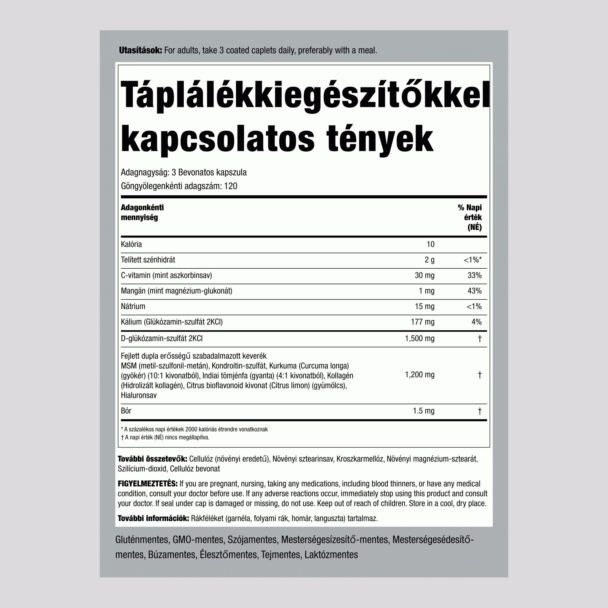 Speciális kettős erejű glükózamin-kondroitin MSM plusz Kurkuma 360 Bevonatos kapszula       