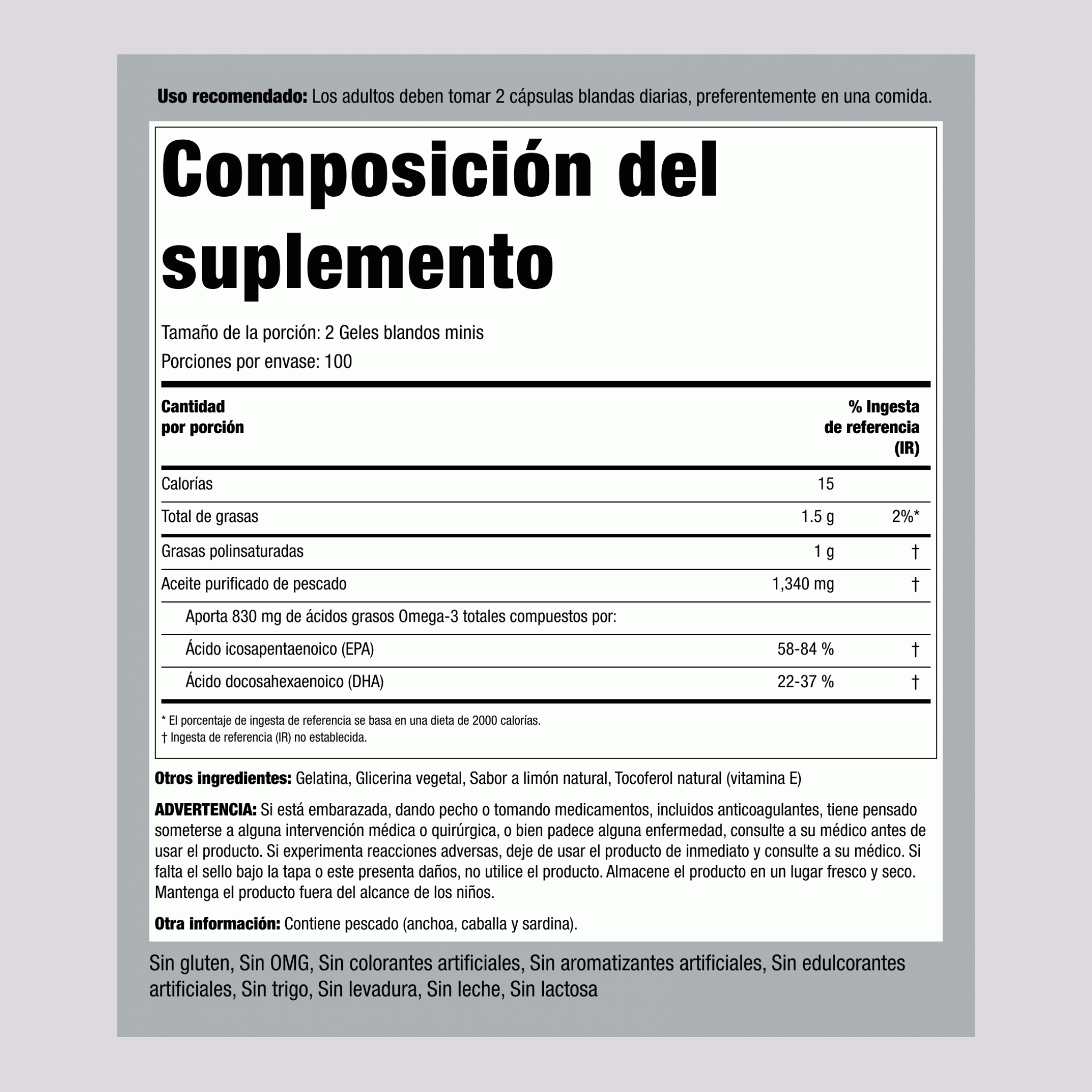 Mini Omega-3 Aceite de Pescado Sabor Limón, 1340 mg (por porción), 200 Mini Cápsulas Blandas