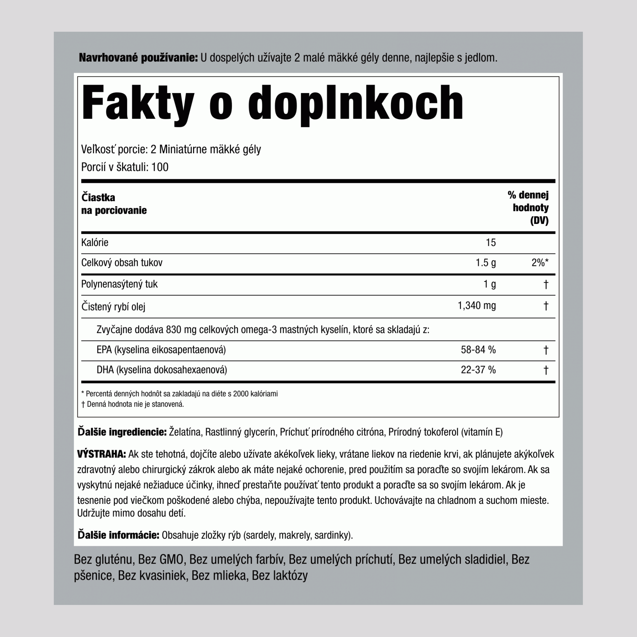 Mini Omega-3 Rybí olej s citrónovou príchuťou, 1340 mg (na porciu), 200 mini kapsúl
