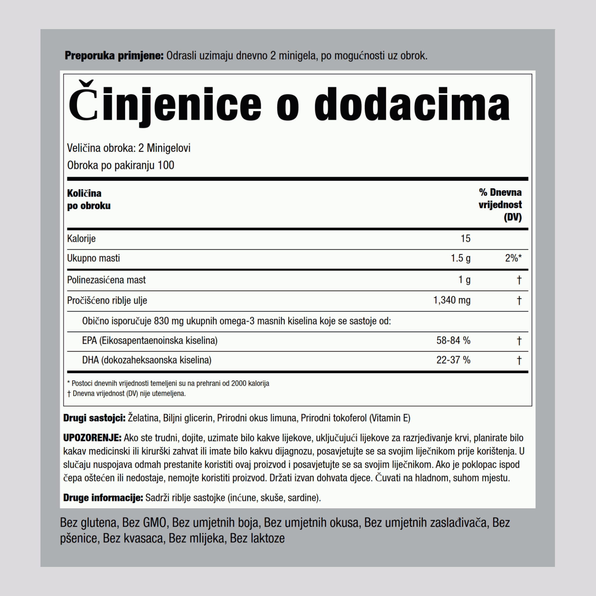 Mini Omega-3 riblje ulje 415 mg s okusom limuna 1300 mg (po obroku) 200 Minigelovi     
