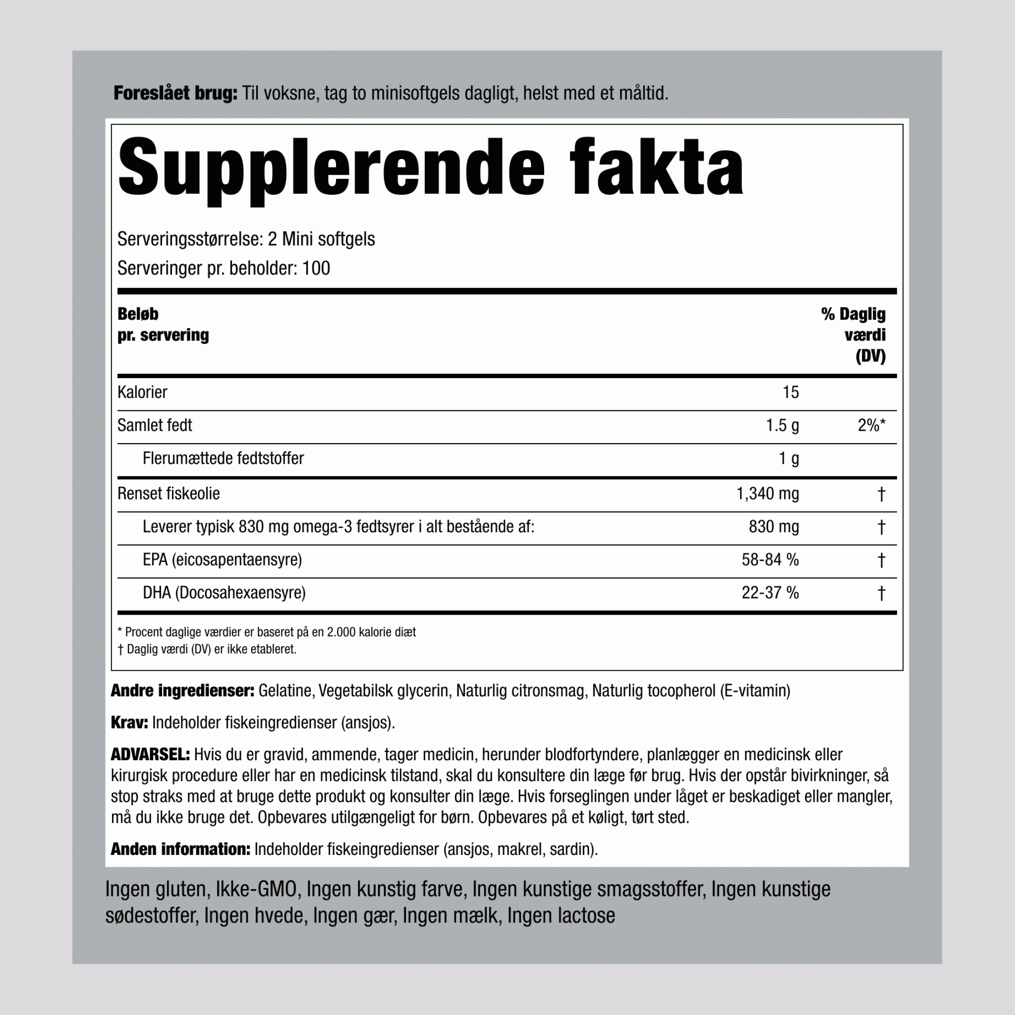 Mini Omega-3 fiskolie 415 mg m/citronsmag 1340 mg (pr. dosering) 200 Mini softgels 2 Flasker   