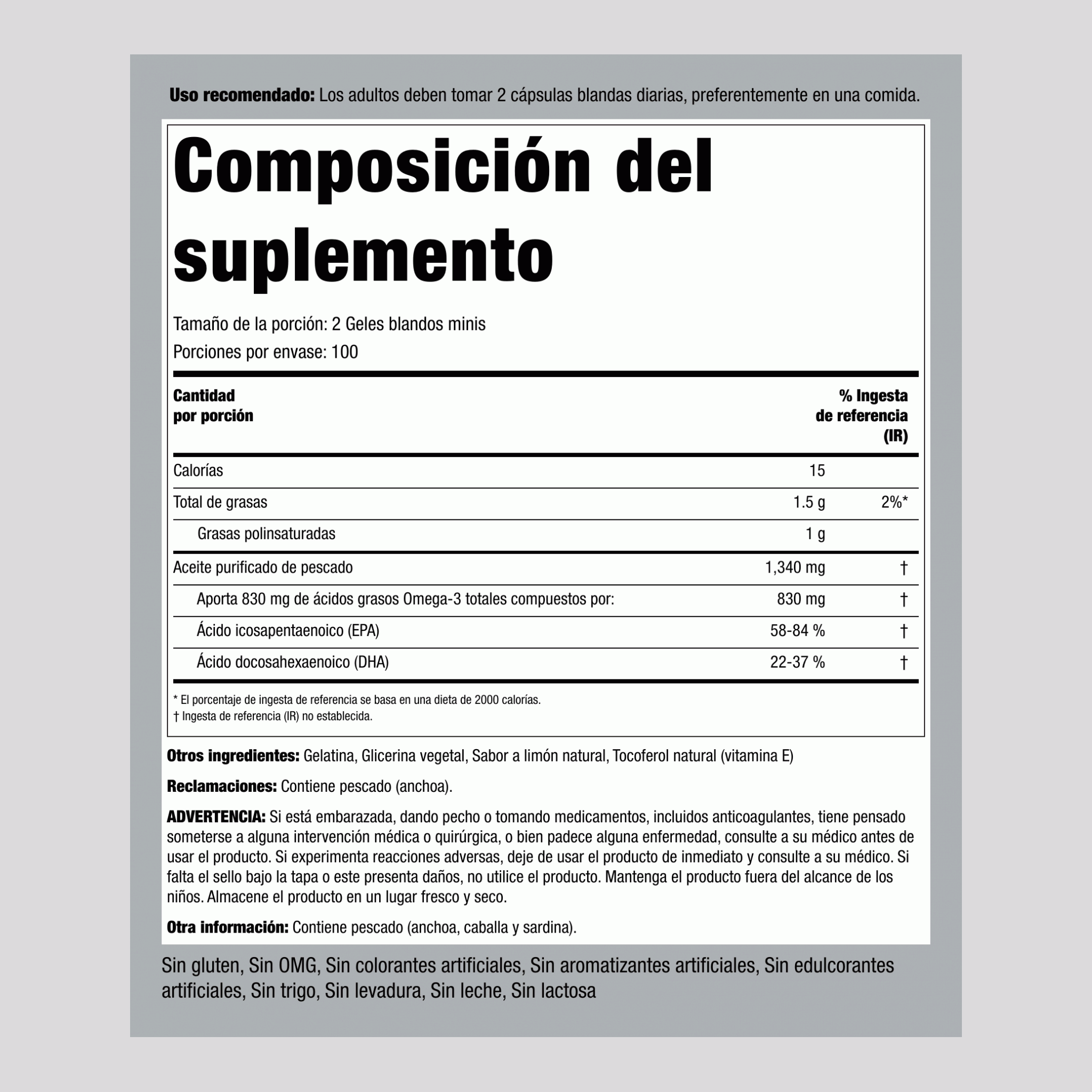 Minicápsulas de aceite de pescado Omega-3, sabor limón, 415 mg 1340 mg (por porción) 200 Geles blandos minis 2 Botellas/Frascos   