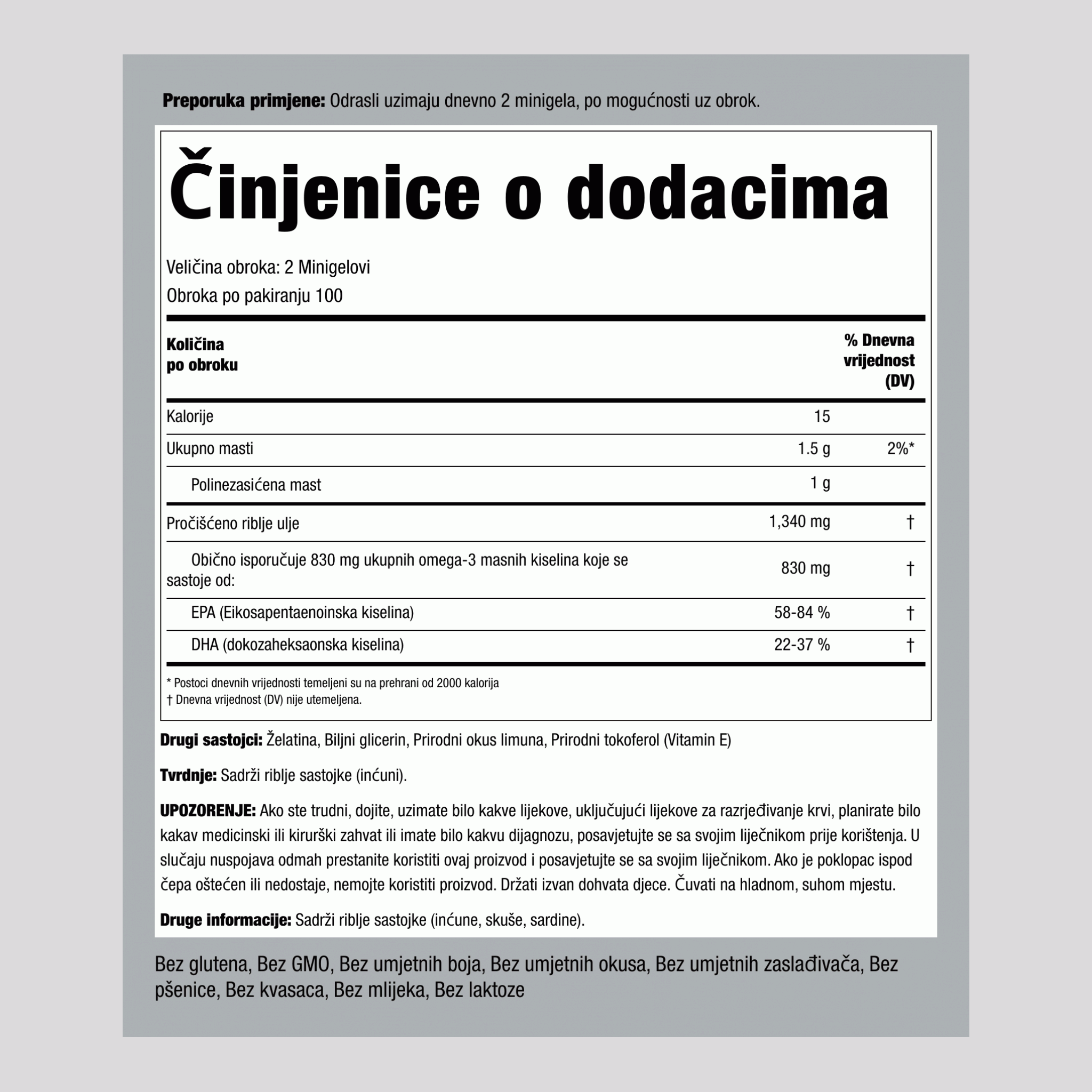 Mini Omega-3 riblje ulje 415 mg s okusom limuna 1340 mg (po obroku) 200 Minigelovi 2 Boce   