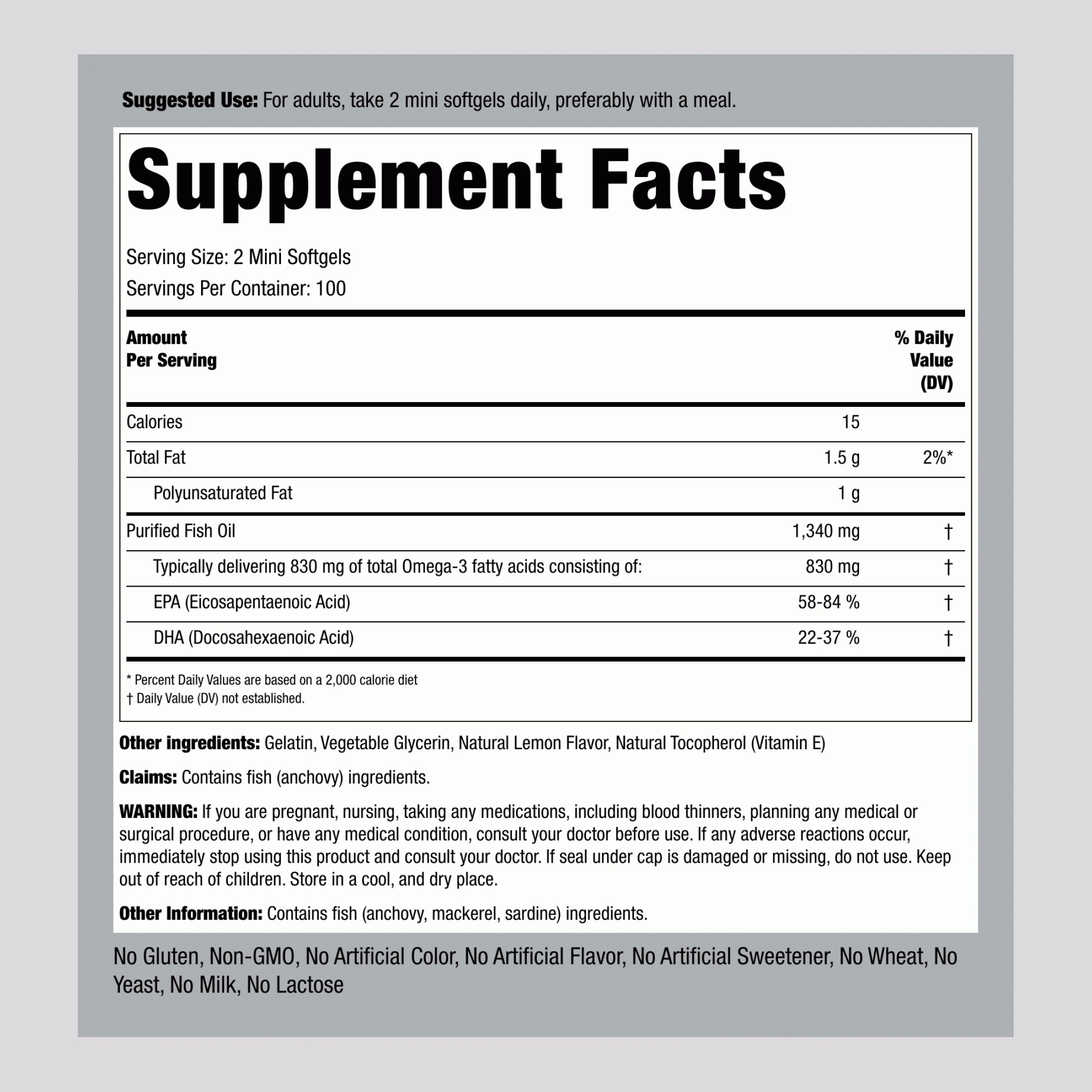 迷你欧米加3魚油  415  mg 檸檬味 1340 毫克 (每份) 200 迷你軟膠囊 2 瓶子   