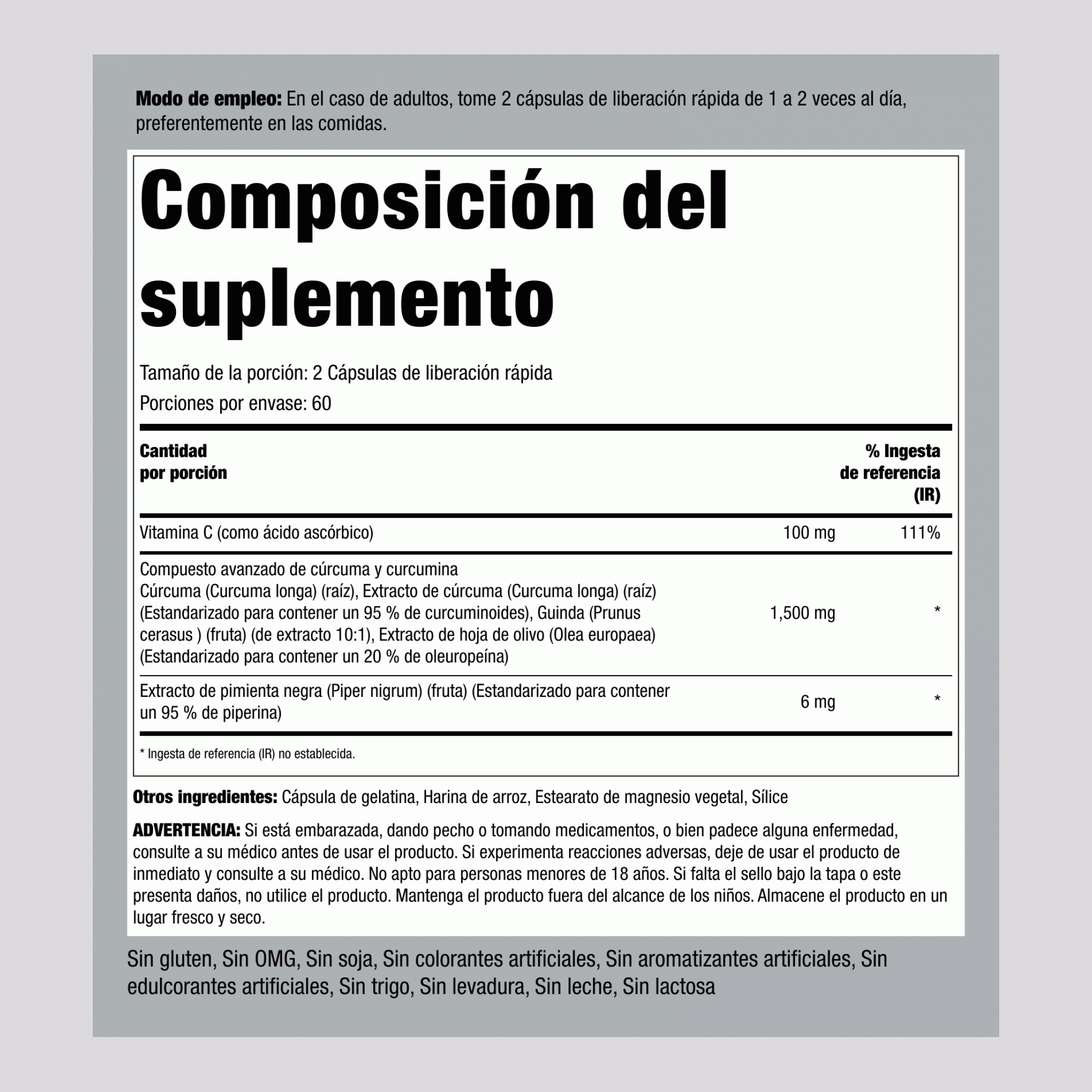 Compuesto avanzado de cúrcuma y curcumina  1500 mg (por porción) 120 Cápsulas de liberación rápida     