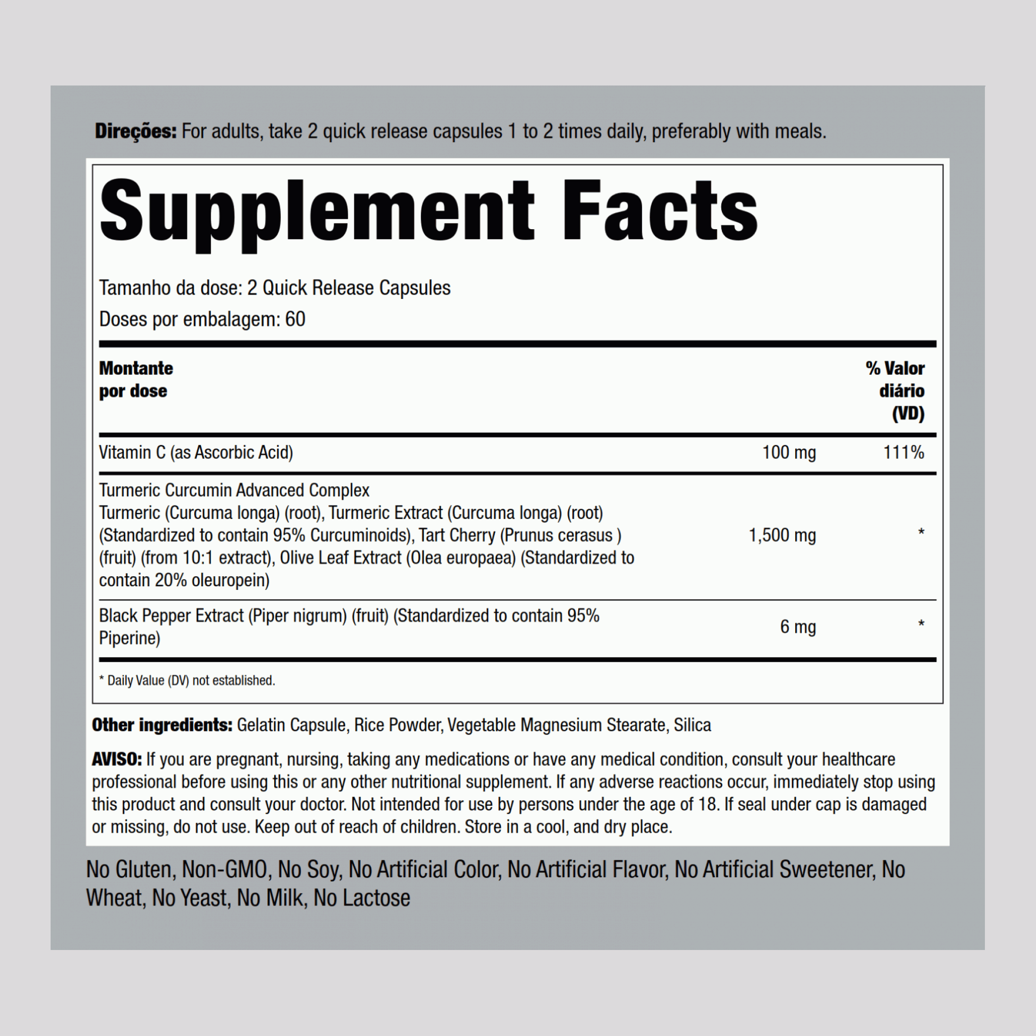 Complexo avançado de curcumina  1500 mg (por dose) 120 Cápsulas de Rápida Absorção     