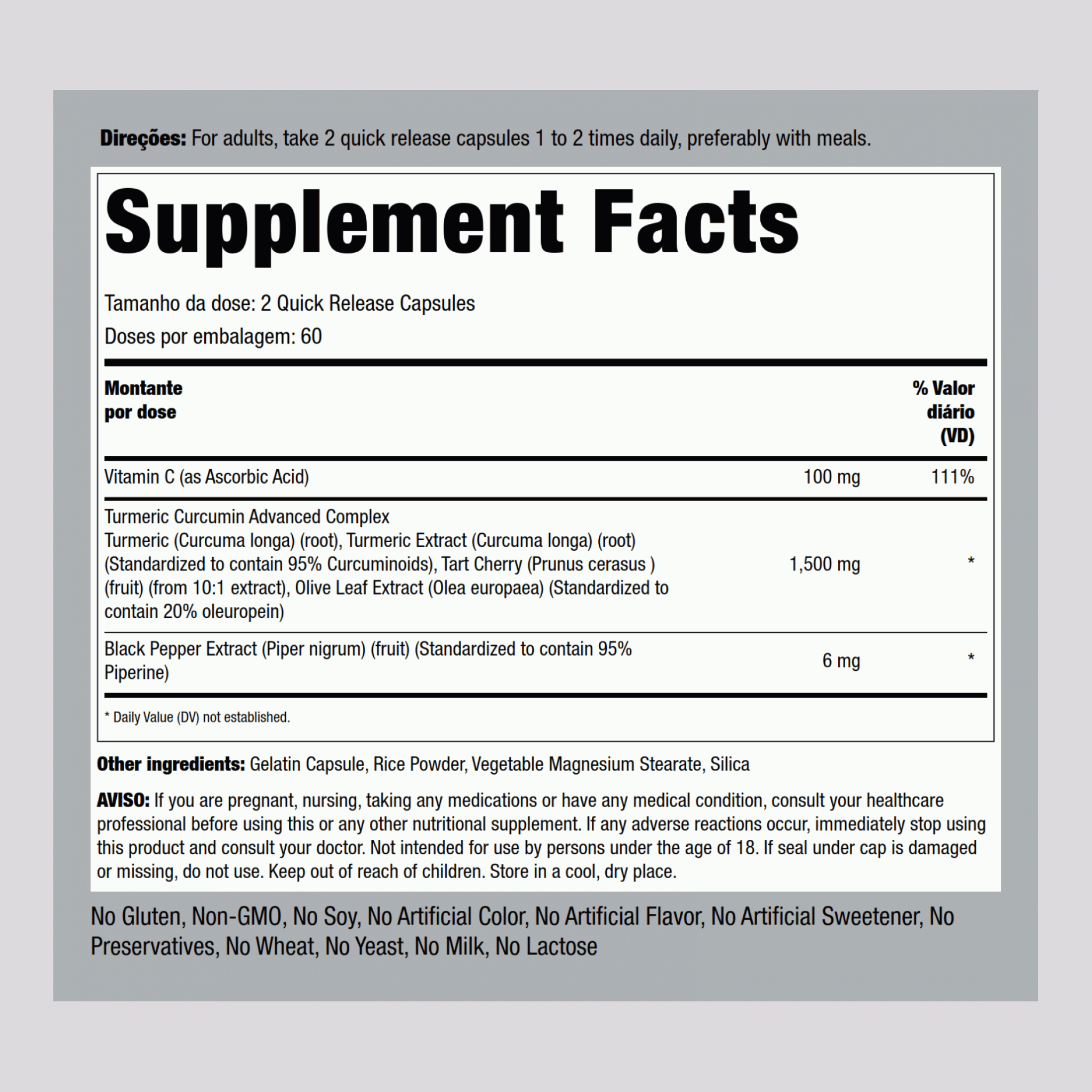 Complexo avançado de curcumina  1500 mg (por dose) 120 Cápsulas de Rápida Absorção     