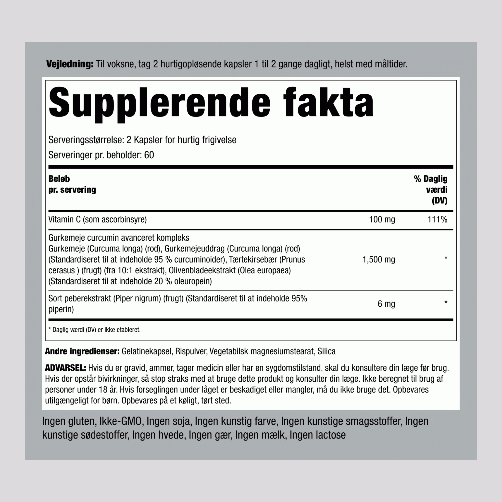 Turmeric Curcumin Advanced Complex ,  1500 mg (pr. dosering) 120 Kapsler for hurtig frigivelse 2 Flasker
