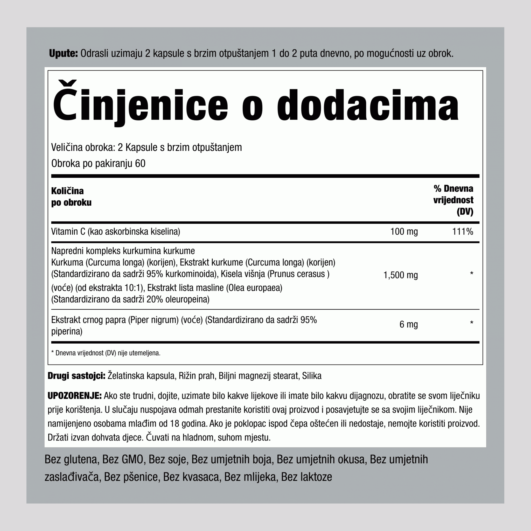 Napredni kompleks s kurkumom i kurkuminom ,  1500 mg (po obroku) 120 Kapsule s brzim otpuštanjem 2 Boce