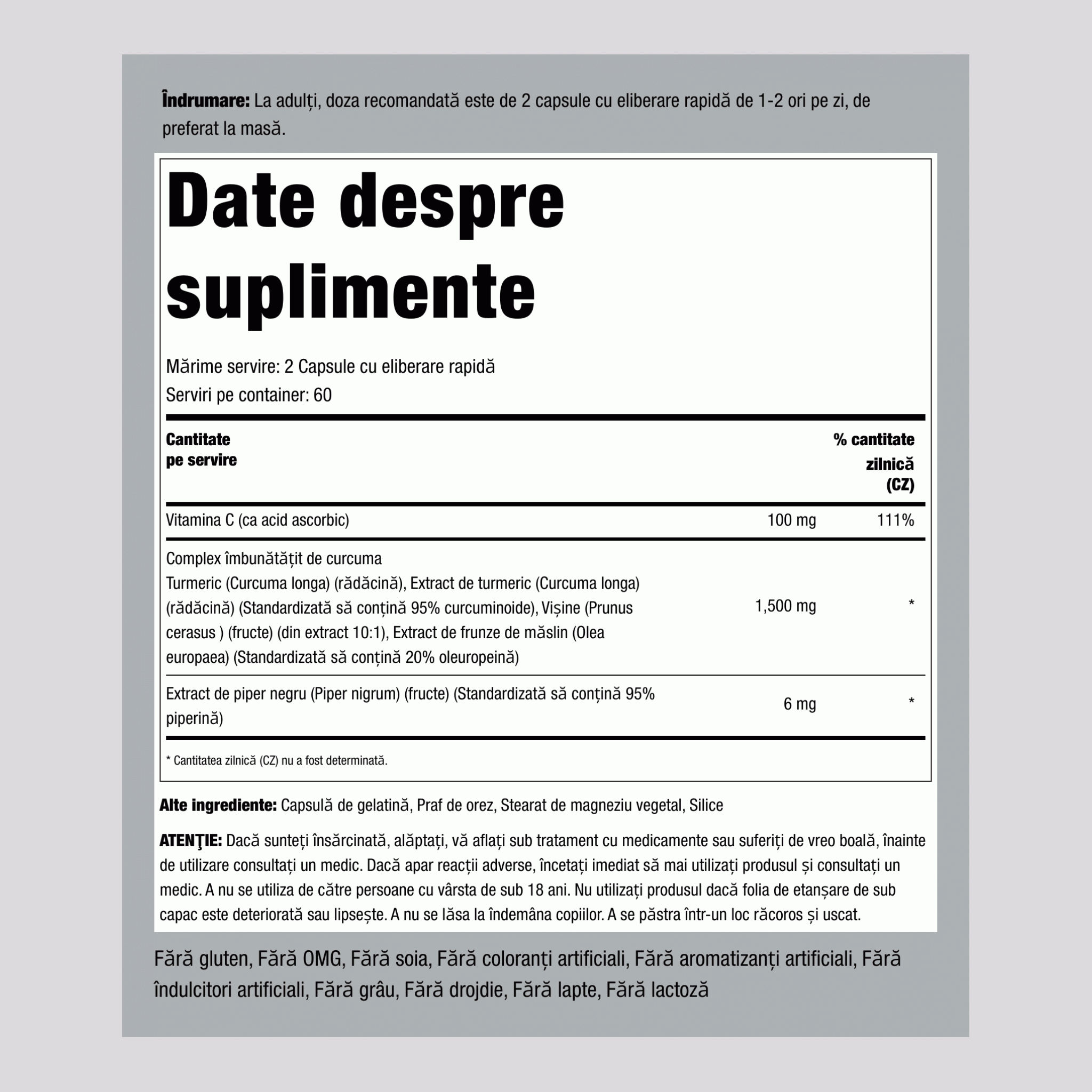 Complex îmbunătăţit de curcuma ,  1500 mg (per porție) 120 Capsule cu eliberare rapidă 2 Sticle