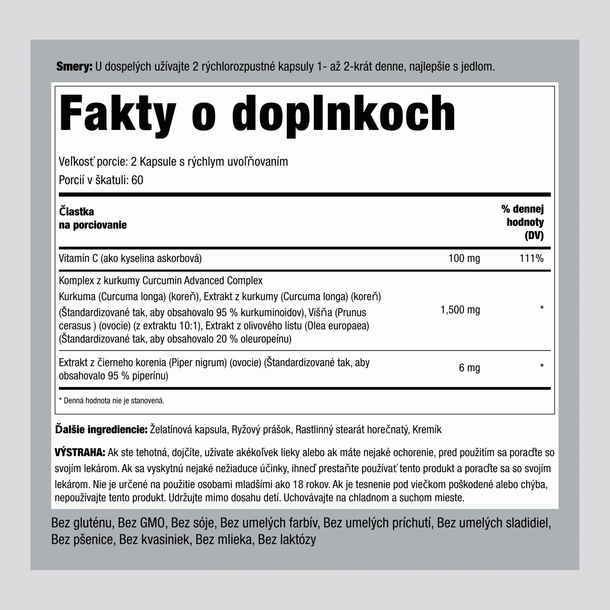 Komplex z kurkumy Curcumin Advanced Complex ,  1500 mg (v jednej dávke) 120 Kapsule s rýchlym uvoľňovaním 2 Fľaše