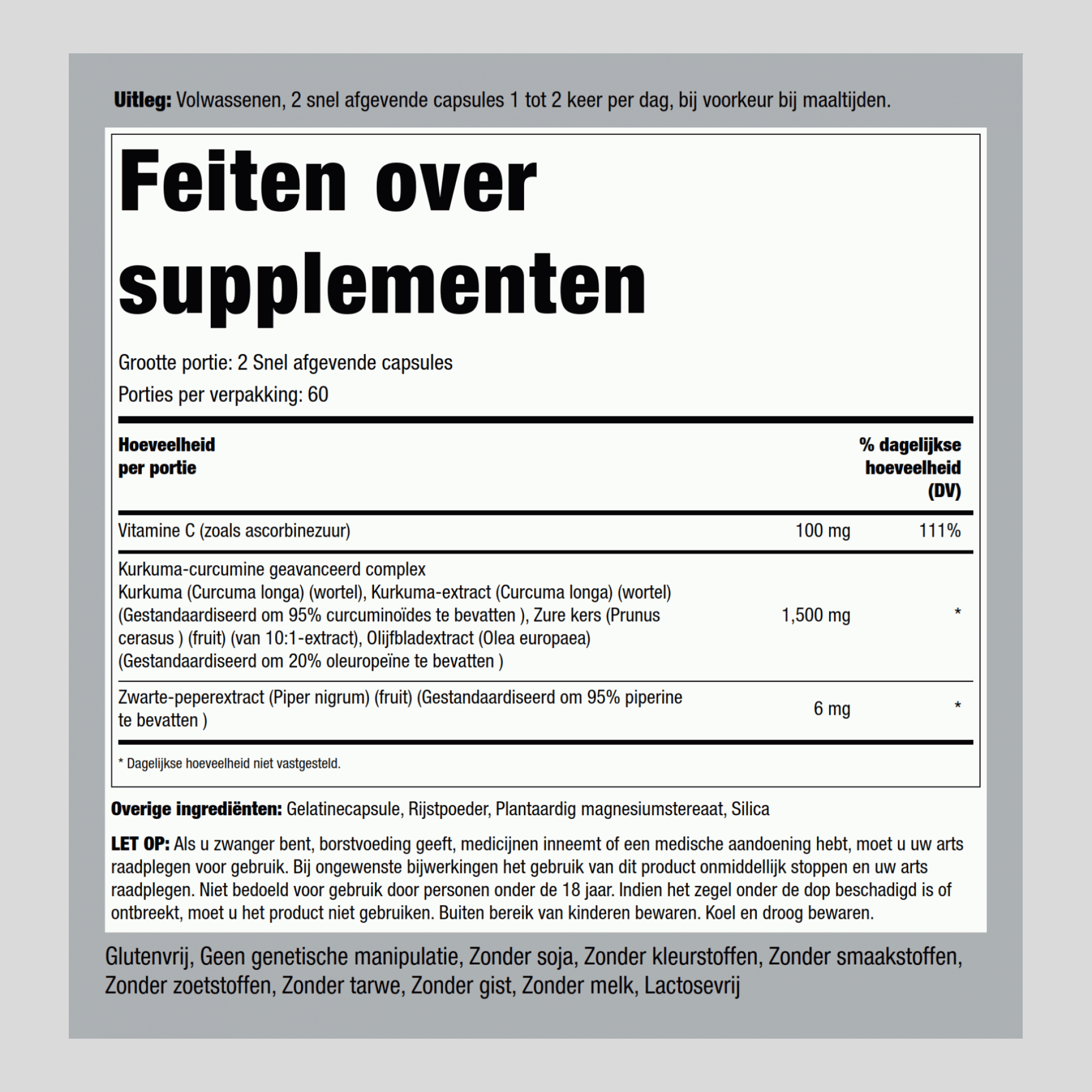 Complexe avancé à la curcumine de curcuma ,  1500 mg (par portion) 120 Gélules à libération rapide 2 Bouteilles