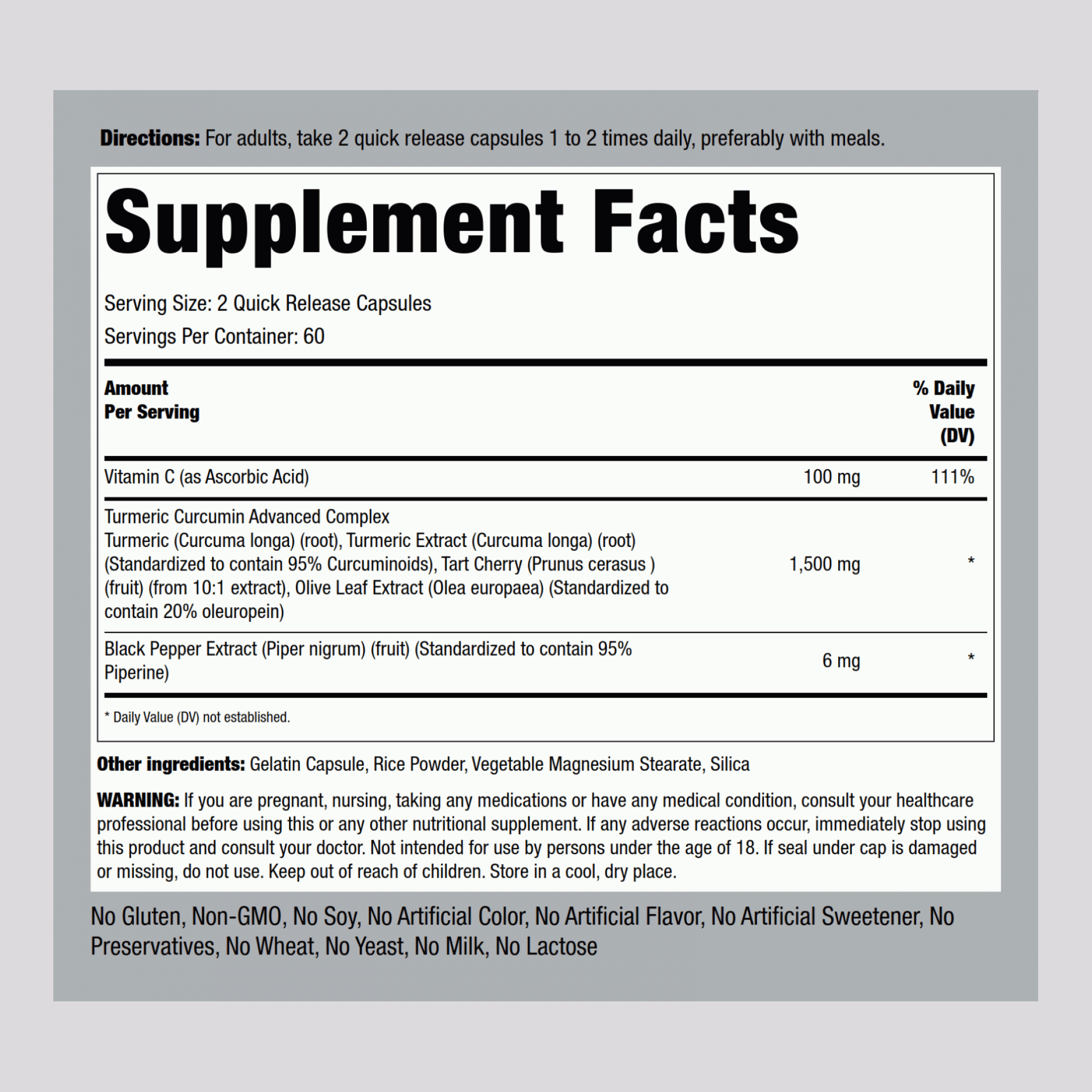 Complexe avancé à la curcumine de curcuma ,  1500 mg (par portion) 120 Gélules à libération rapide 2 Bouteilles