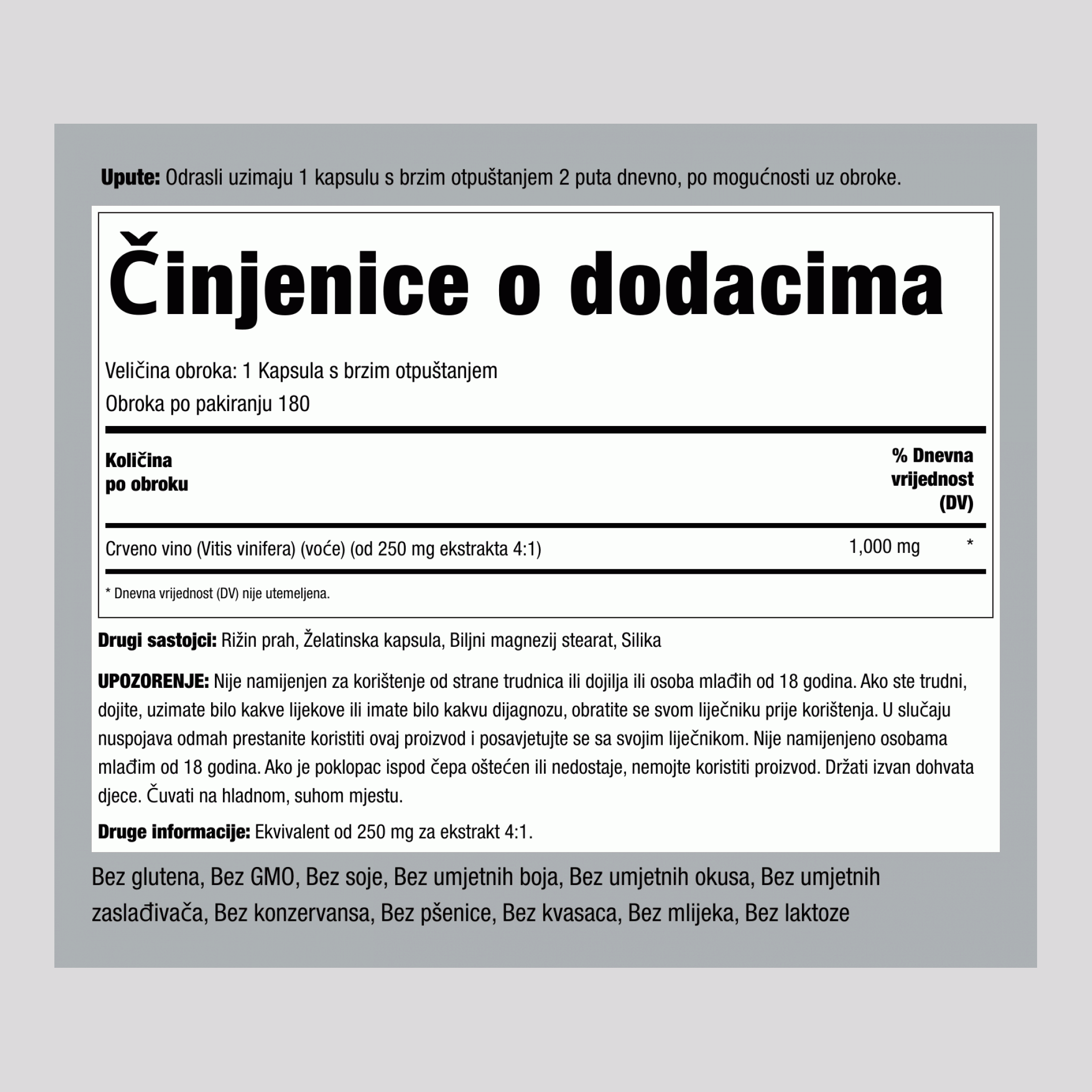 Ekstrakt crvenog vina ,  1000 mg 180 Kapsule s brzim otpuštanjem 2 Boce
