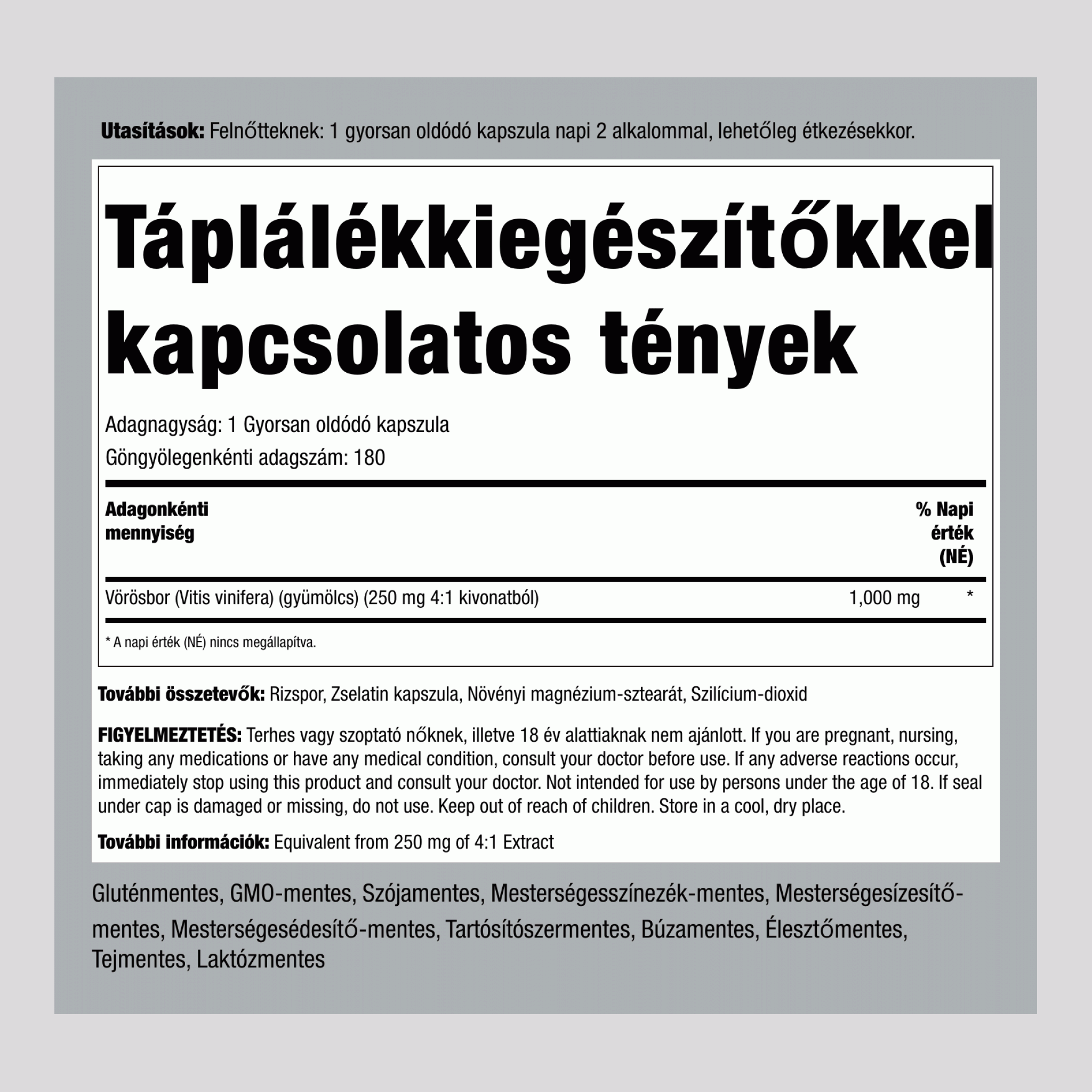 Vörösbor-kivonat ,  1000 mg 180 Gyorsan oldódó kapszula 2 Palackok