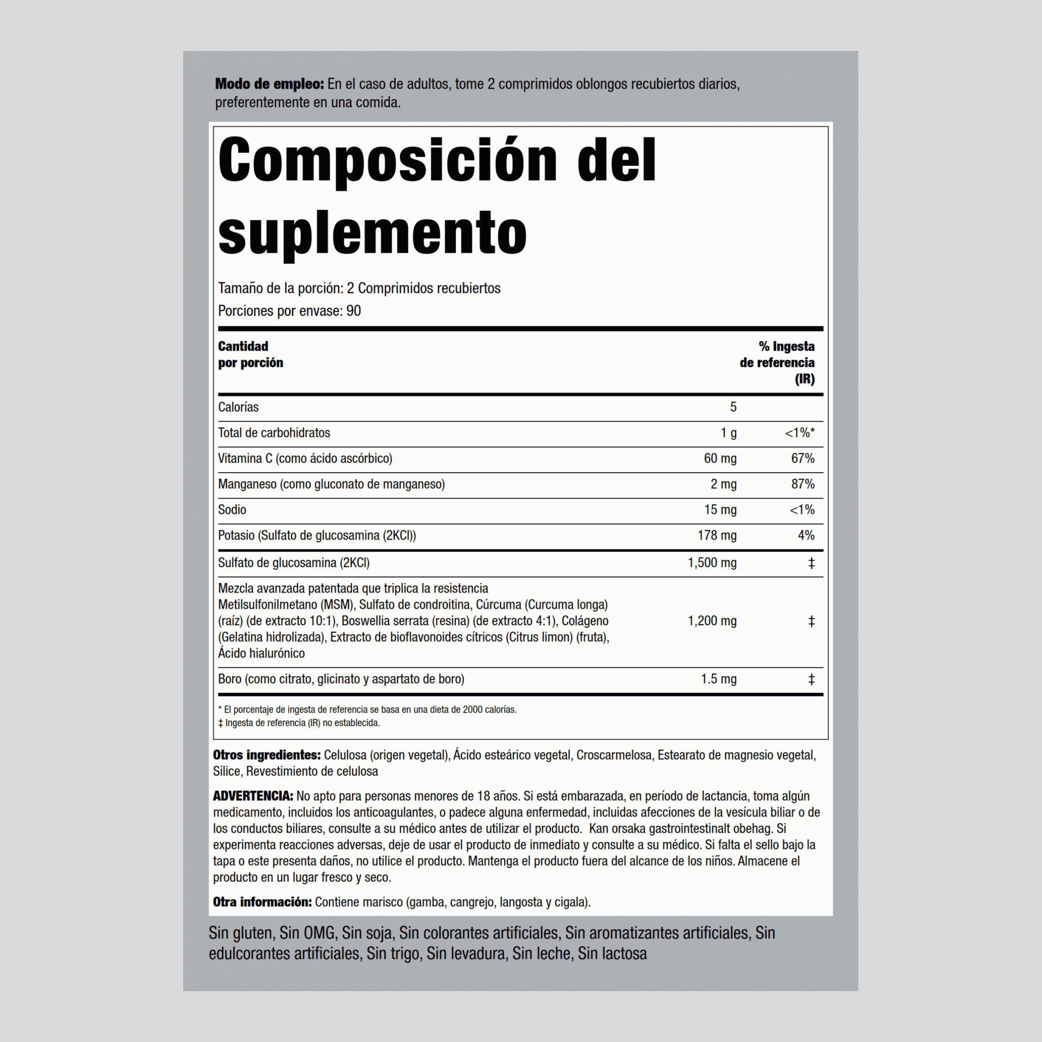 Glucosamina, condroitina, MSM Plus de triple concentración avanzada Cúrcuma 180 Comprimidos recubiertos       