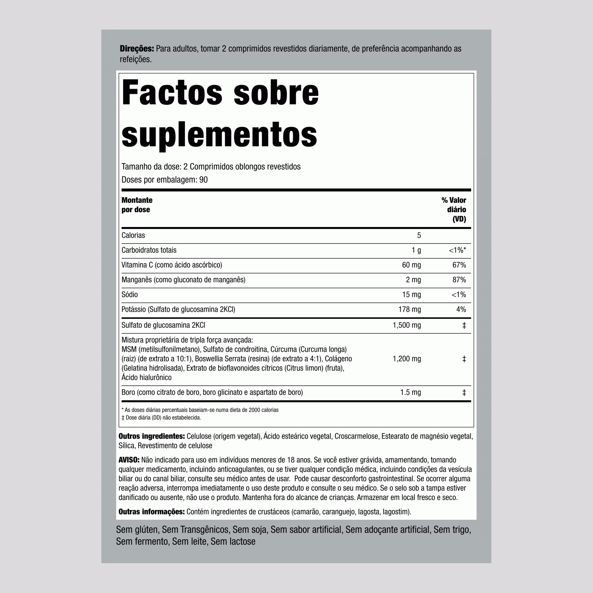 Glucosamina condroitina MSM Plus Tripla concentração avançada Açafrão-da-terra 180 Comprimidos oblongos revestidos       