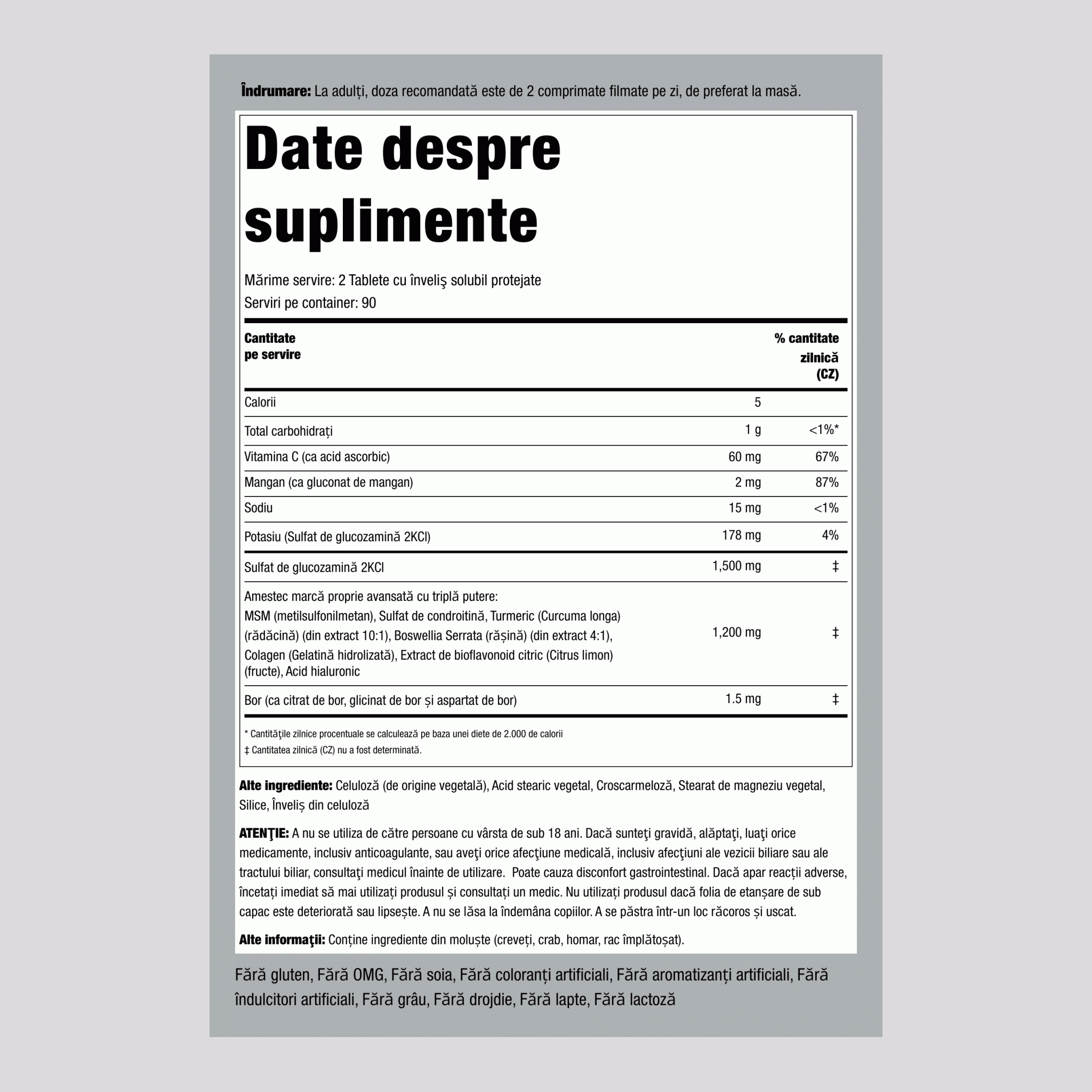 Glucozamină Condroitină MSM Plus cu triplă putere cu formulă avansată Turmeric 180 Tablete cu înveliş solubil protejate       
