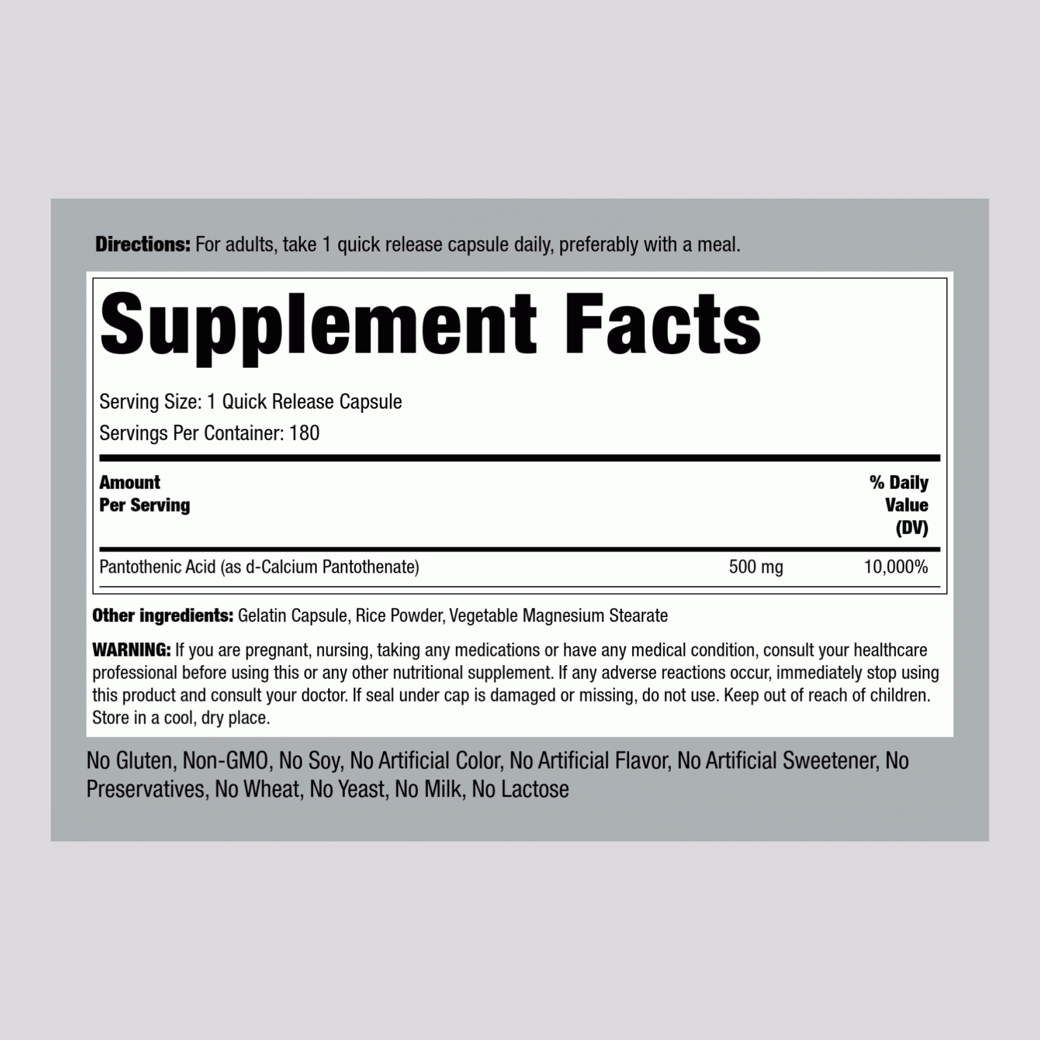 Pantothenic Acid, 500 mg, 180 Quick Release Capsules