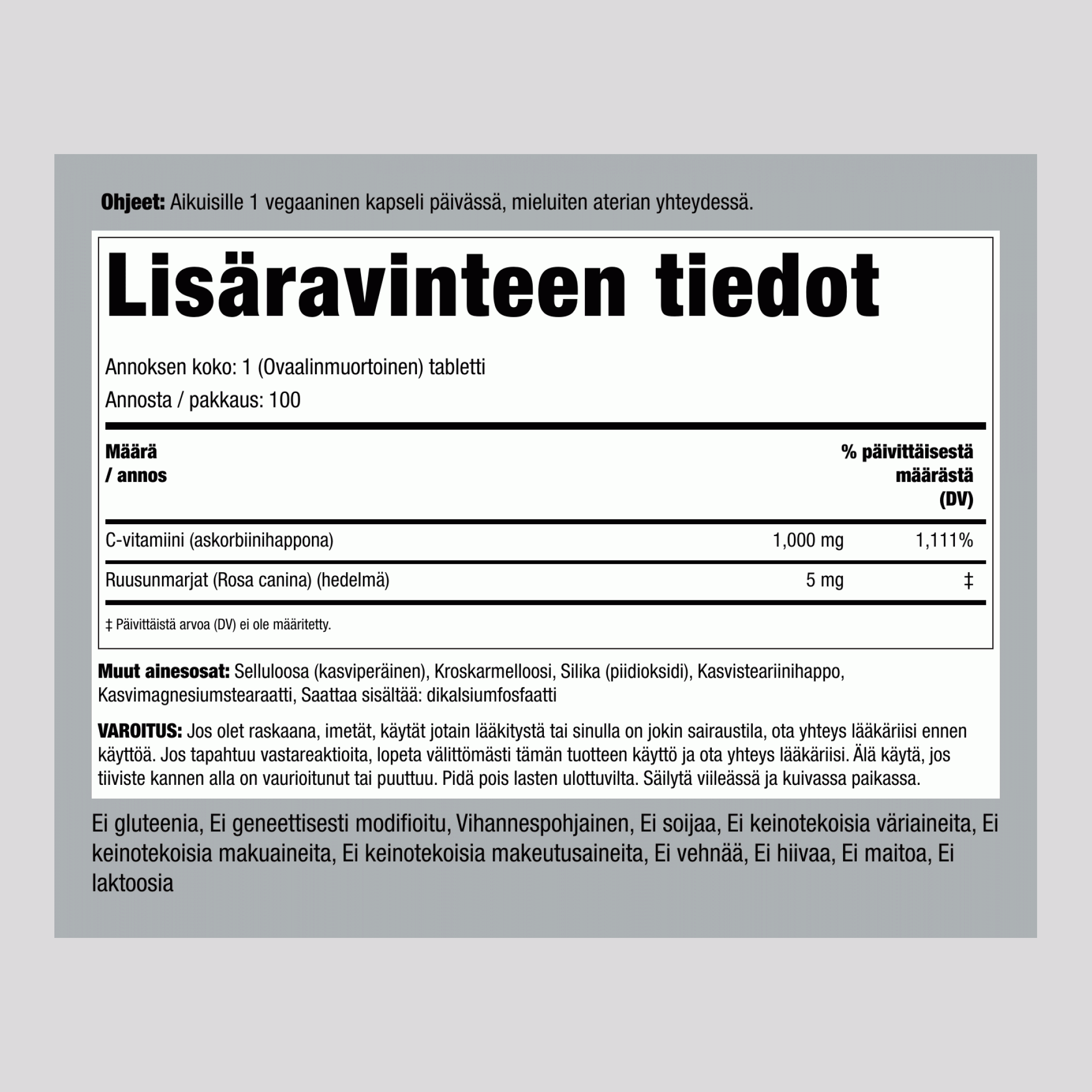 C-vitamiini 1000 mg ruusunmarjalla, 100 tablettia