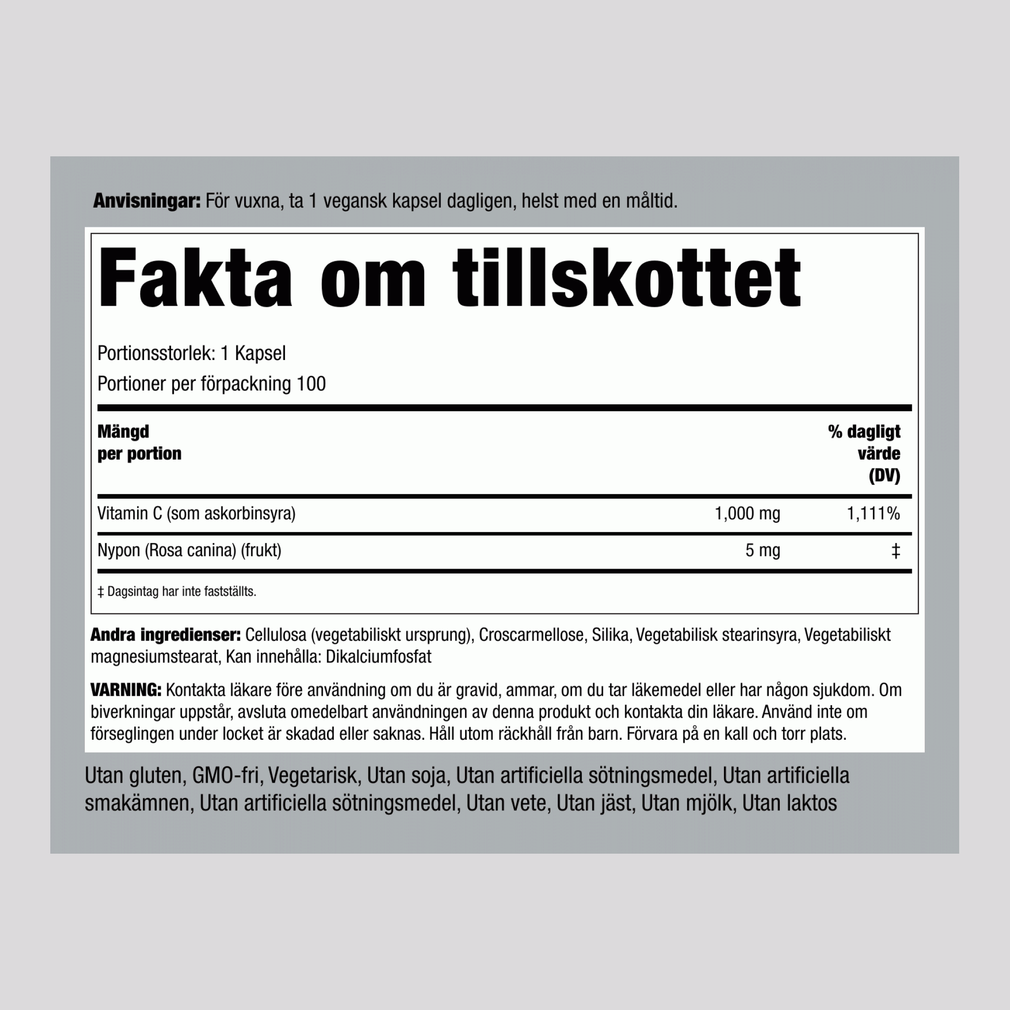 Vitamin C 1000 mg med nypon, 100 tabletter