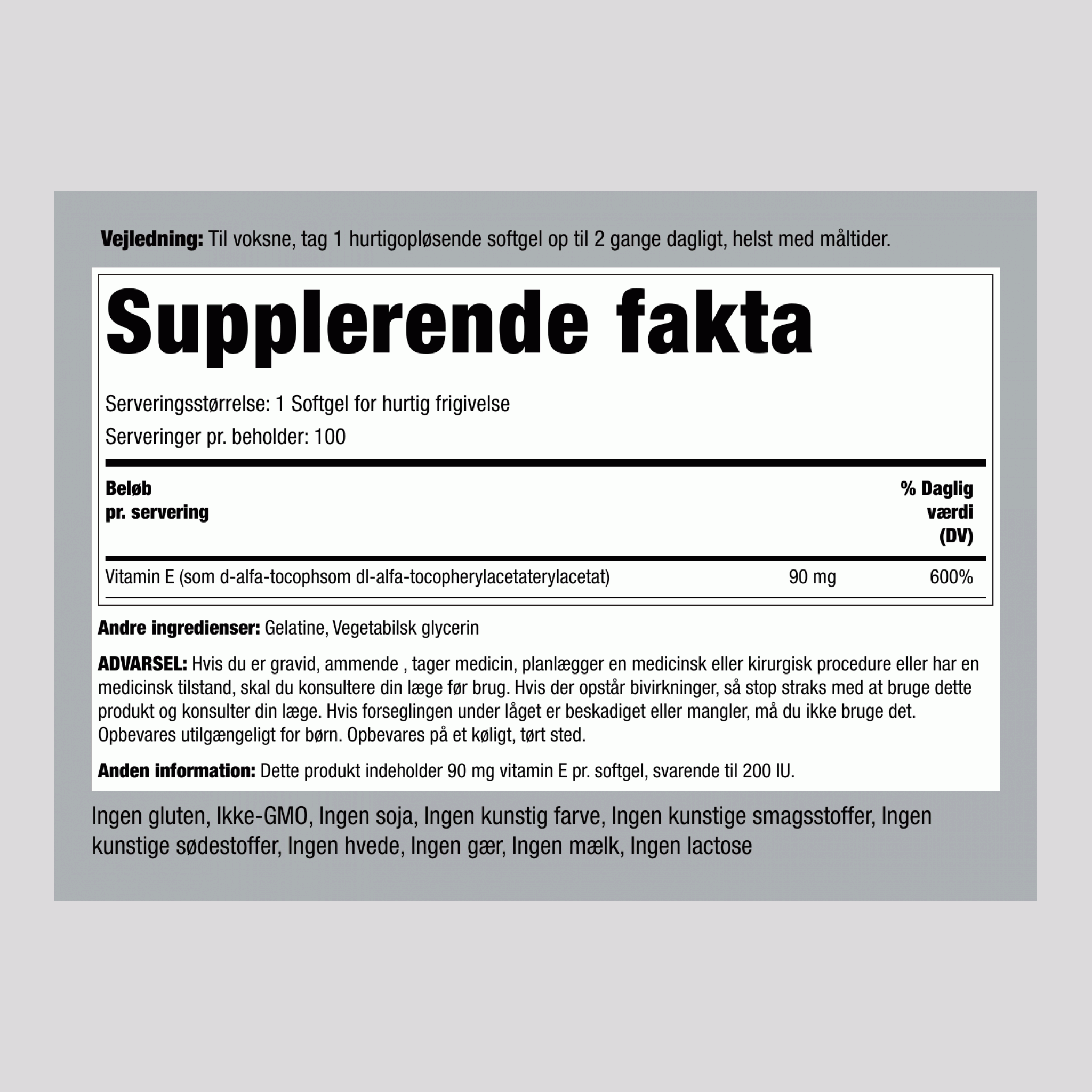 Vitamin E  200 IU 100 Softgel for hurtig frigivelse     