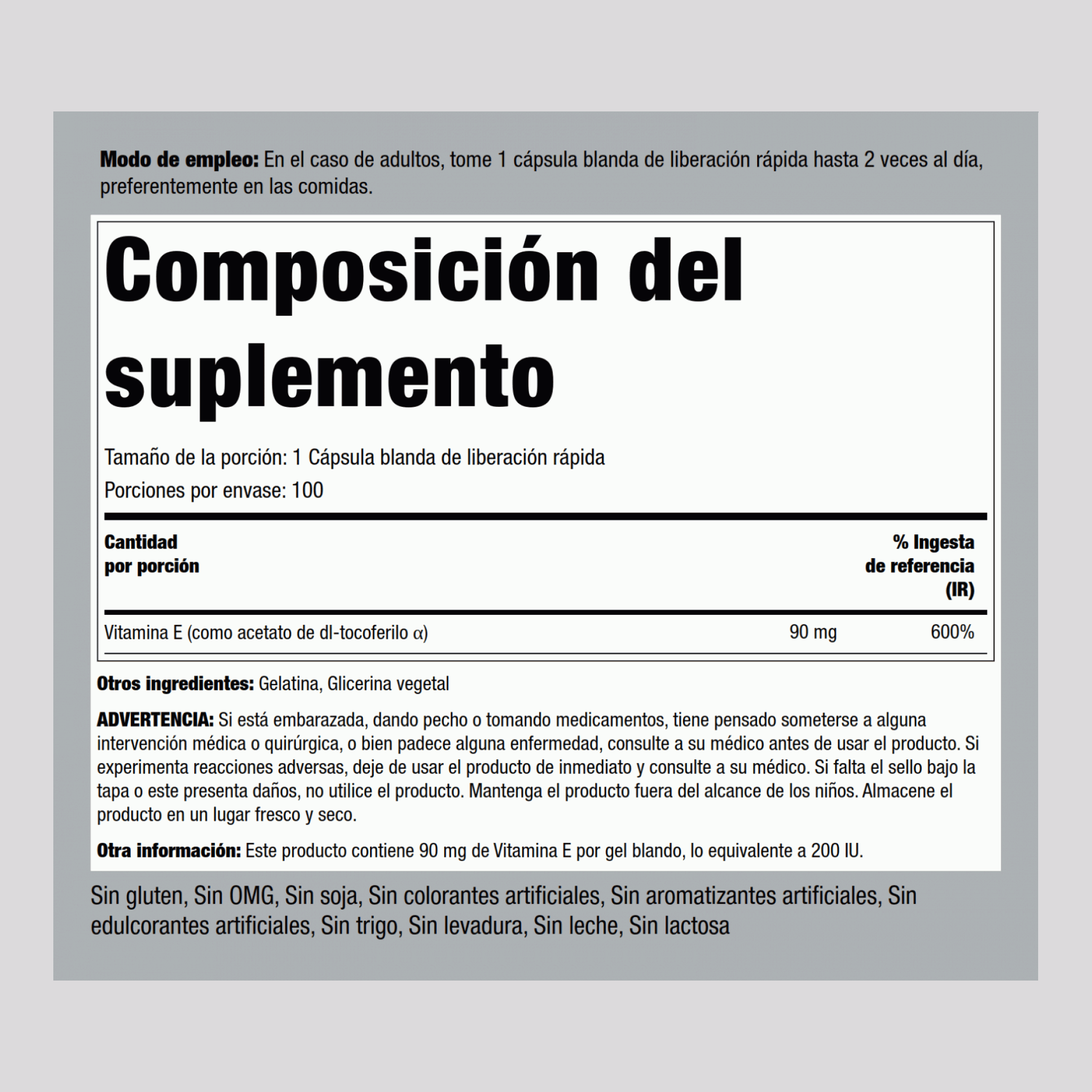 Vitamina E  200 IU 100 Cápsulas blandas de liberación rápida     