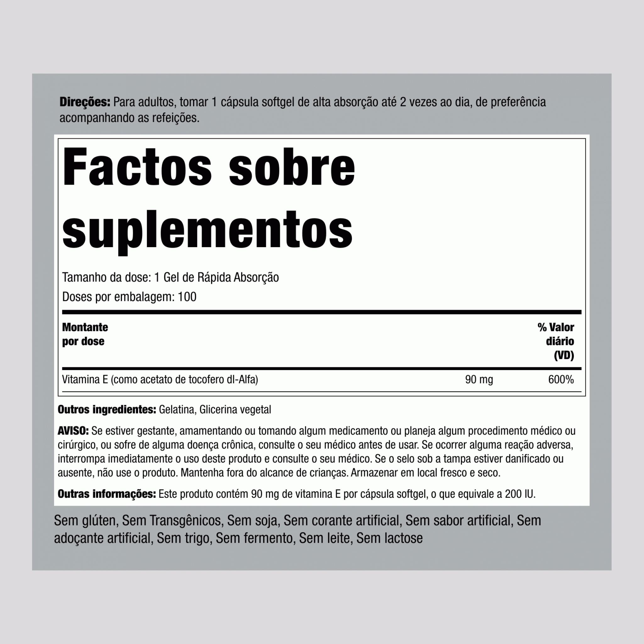 Vitamina E  200 IU 100 Gels de Rápida Absorção     