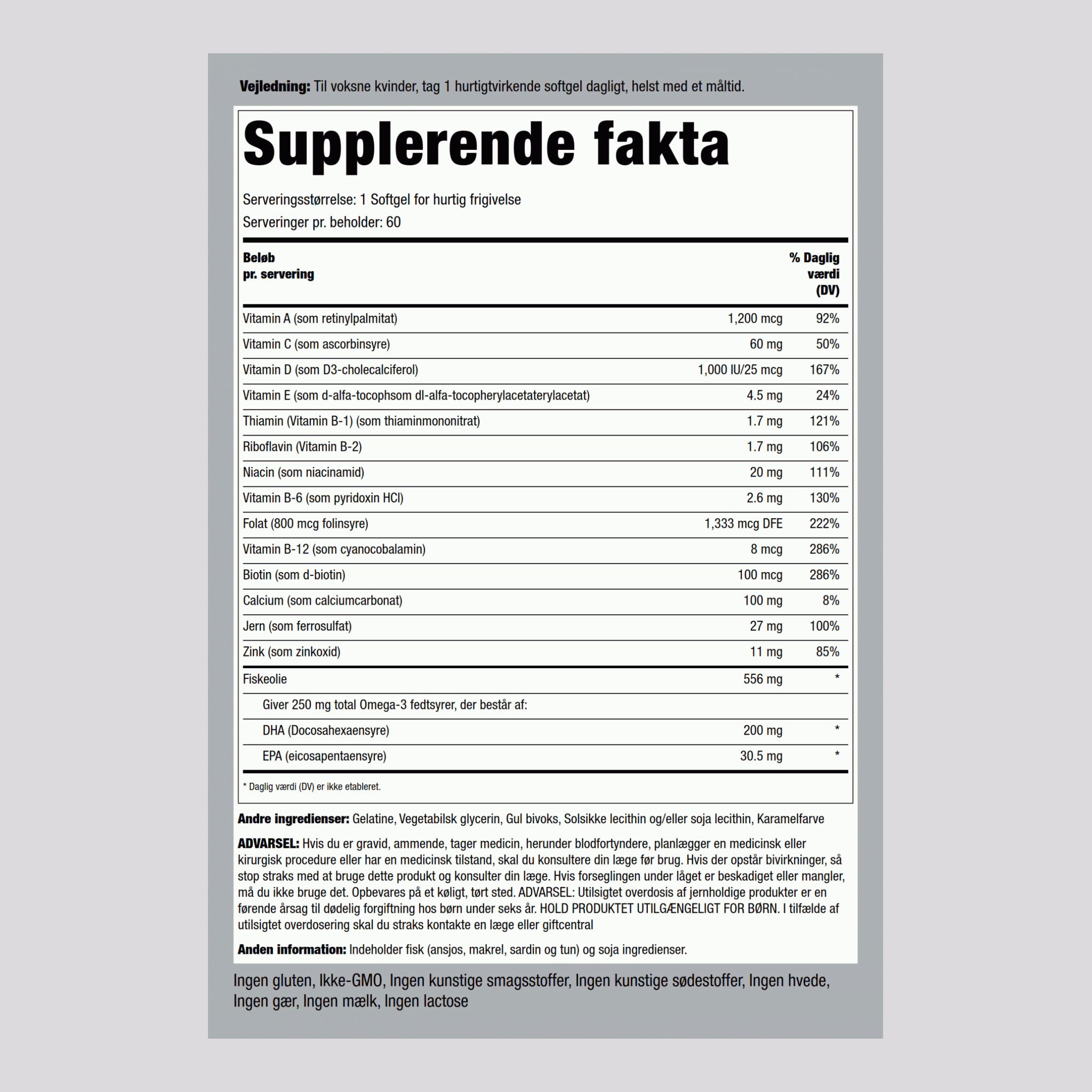 Prænatal multivitamin med DHA 60 Softgel for hurtig frigivelse       