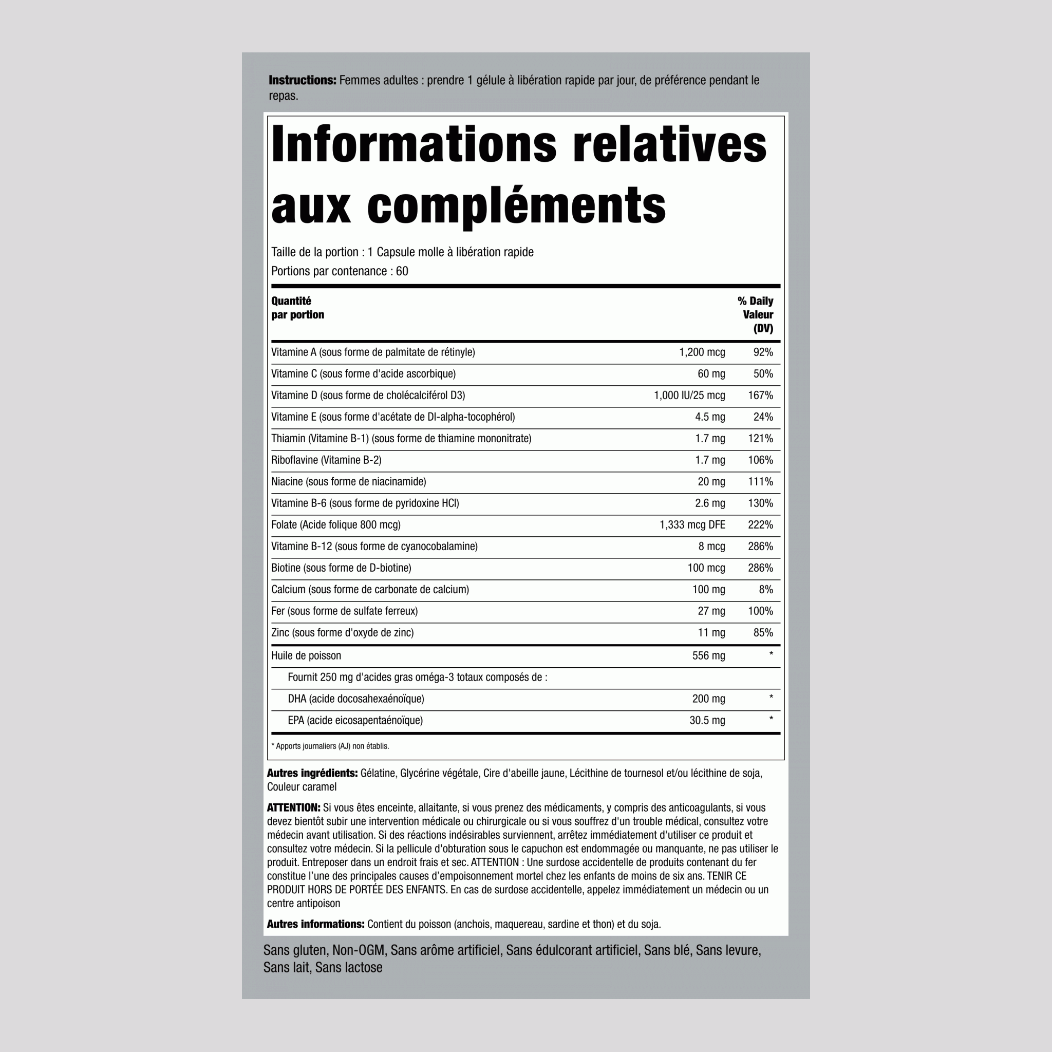 Multi-vitamines prénatales avec ADH 60 Capsules molles à libération rapide       