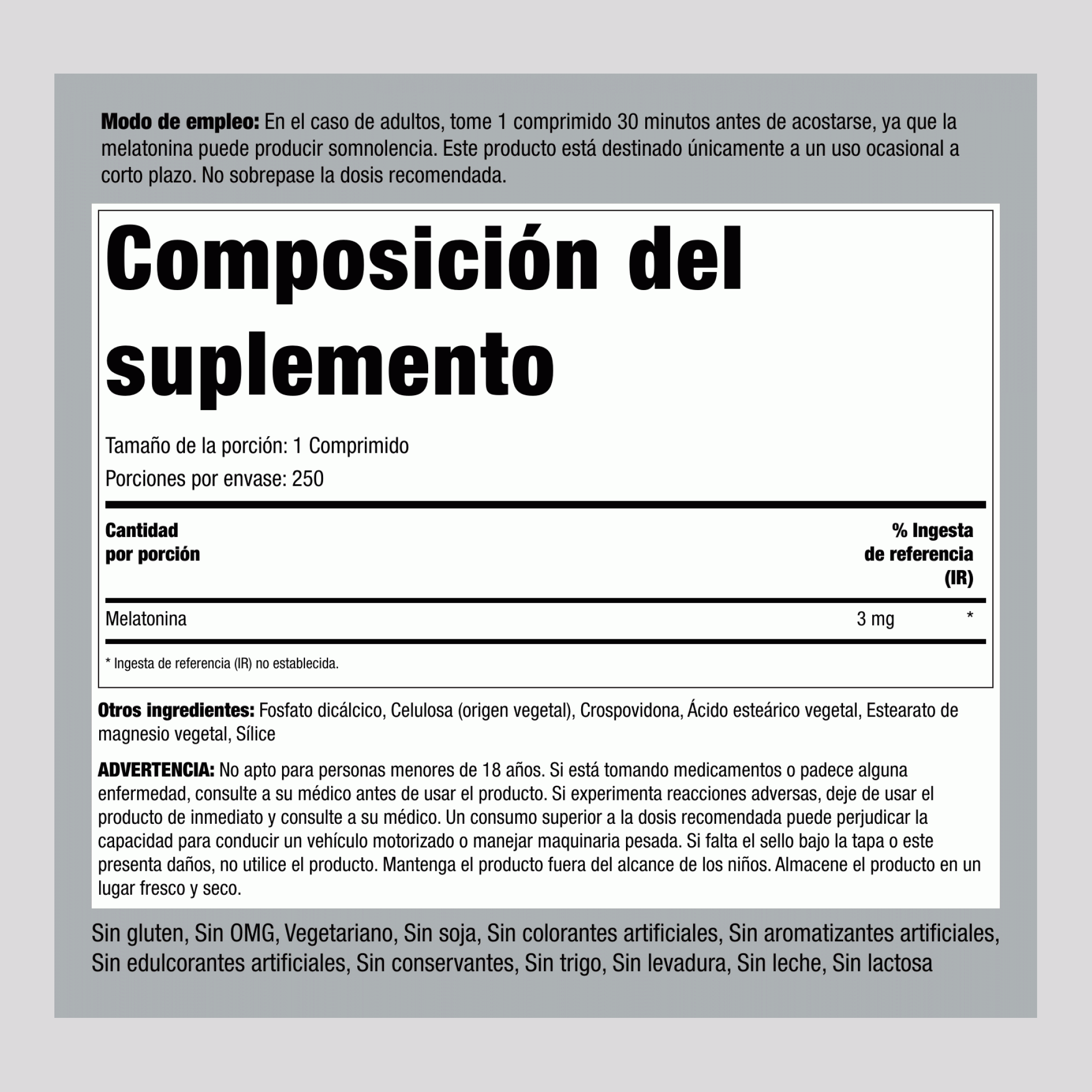 Melatonina  3 mg 250 Tabletas 2 Botellas/Frascos  