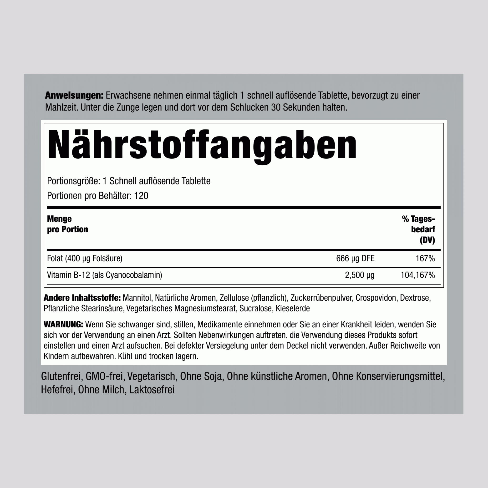 B12 2500 mcg + Folsäure 400 mcg, 120 Schnellauflösende Tabletten