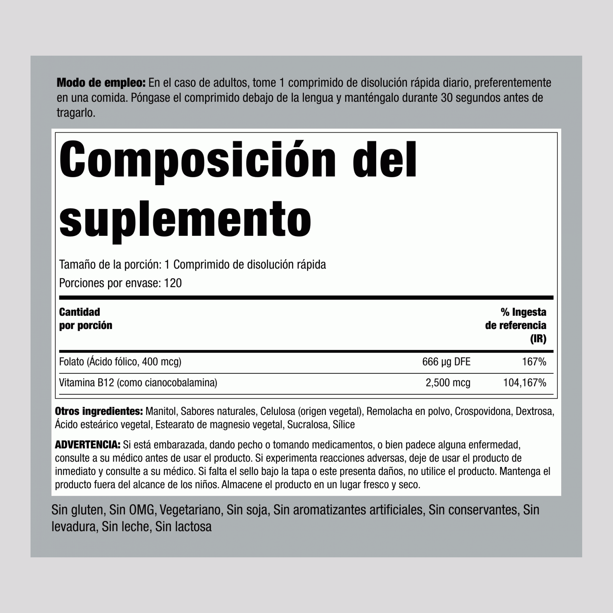 B12 2500 mcg + Ácido Fólico 400 mcg, 120 Comprimidos de Disolución Rápida