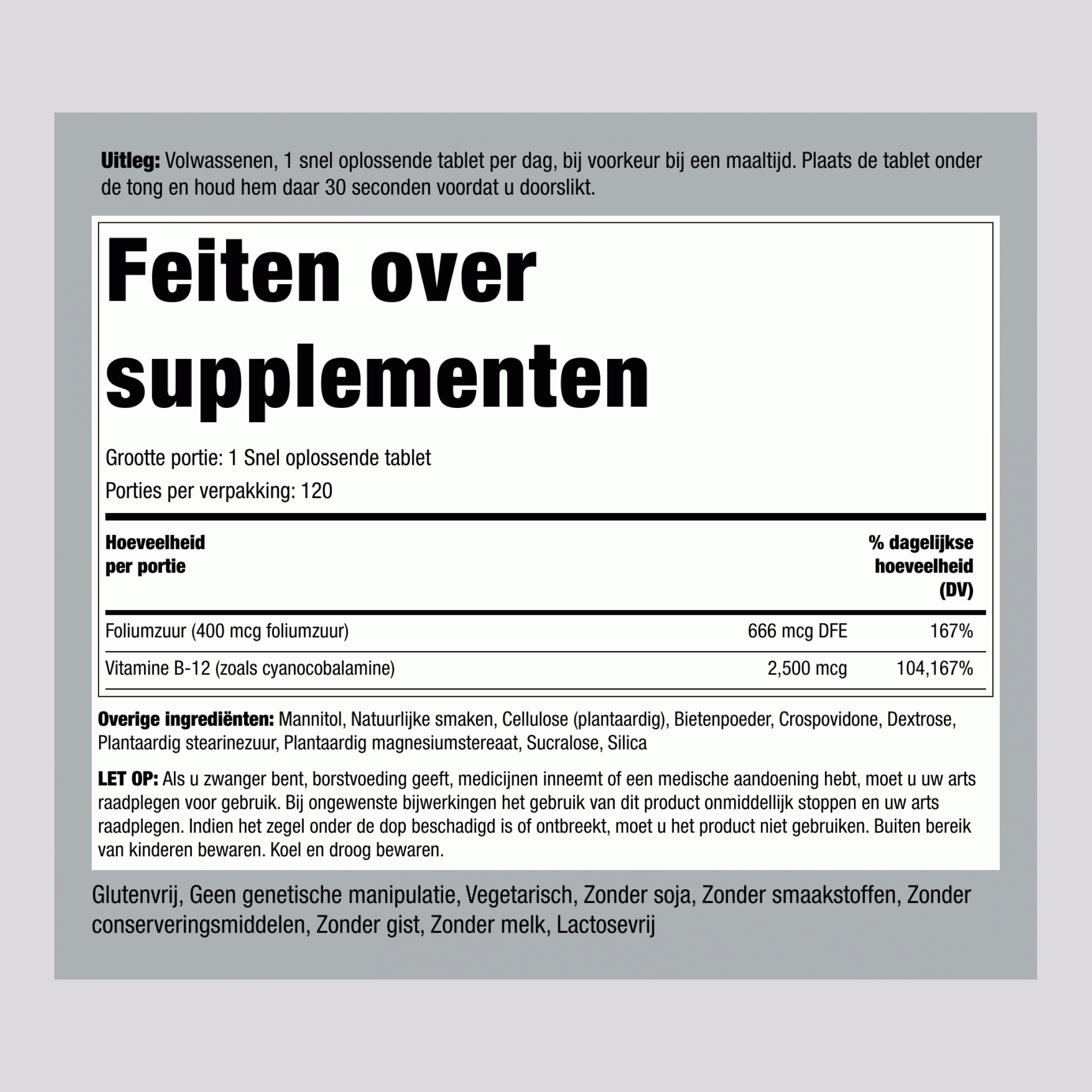 B12 2500 mcg + Foliumzuur 400 mcg, 120 Snelsmeltende Tabletten
