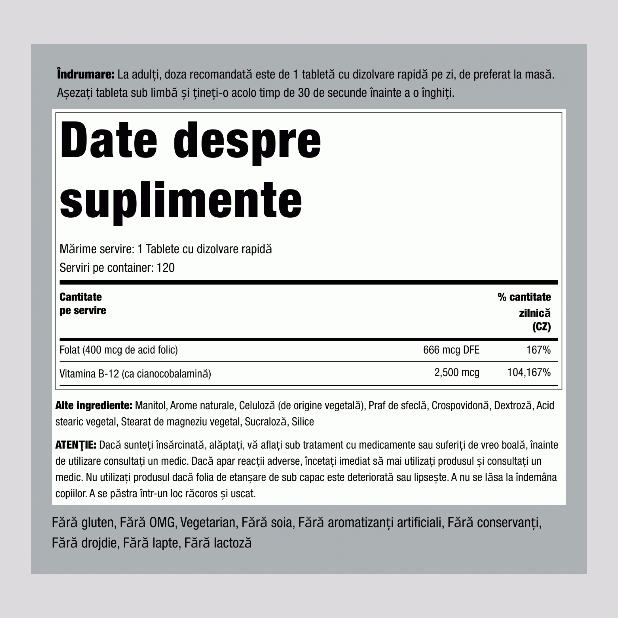 B12 2500 mcg + Acid Folic 400 mcg, 120 Tablete cu Dizolvare Rapidă
