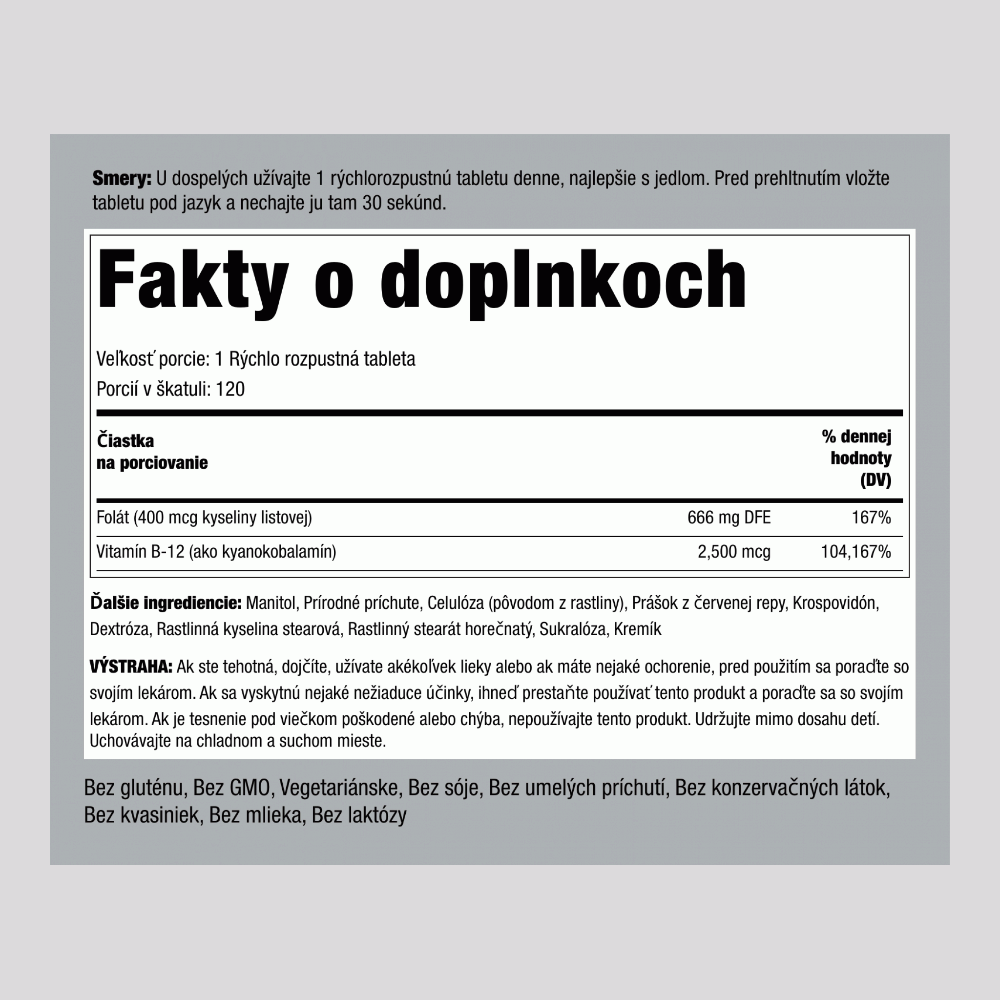 B12 2500 mcg + Kyselina listová 400 mcg, 120 Rýchlo sa rozpúšťajúcich tabliet
