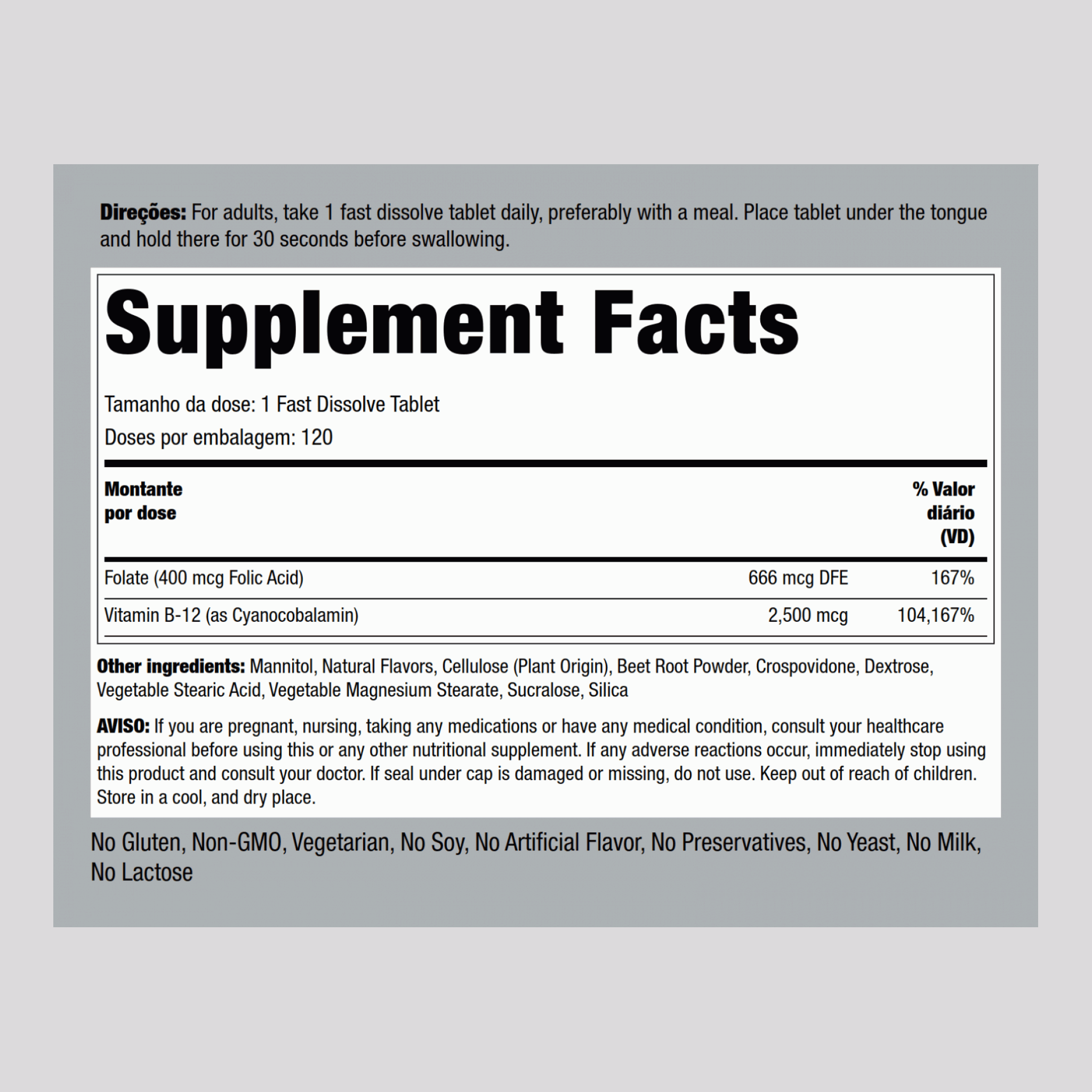 B12 2500 mcg + Ácido Fólico 400 mcg 120 Comprimidos de dissolução rápida       