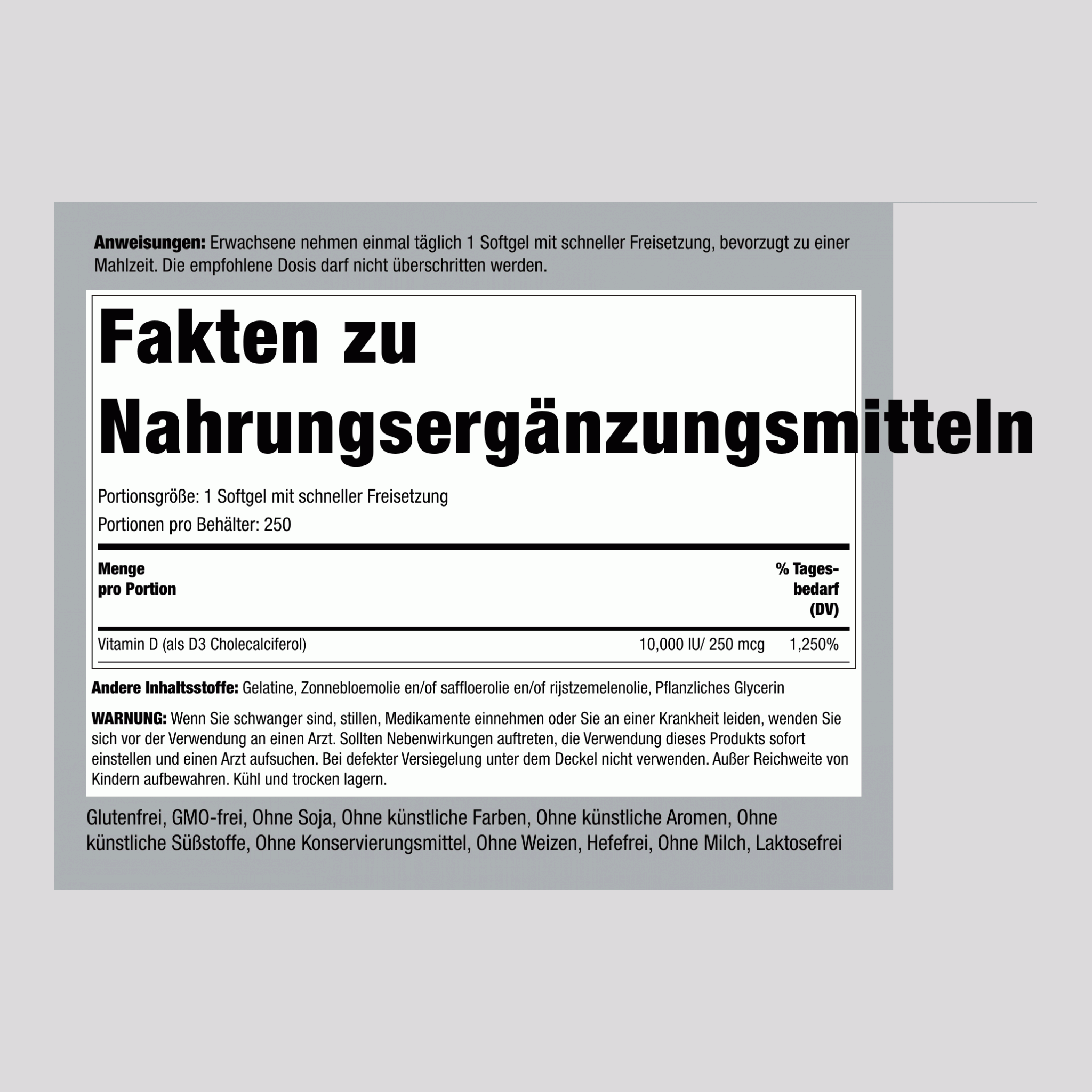 Hochdosiertes Vitamin D3  10,000 IU 250 Softgele mit schneller Freisetzung     