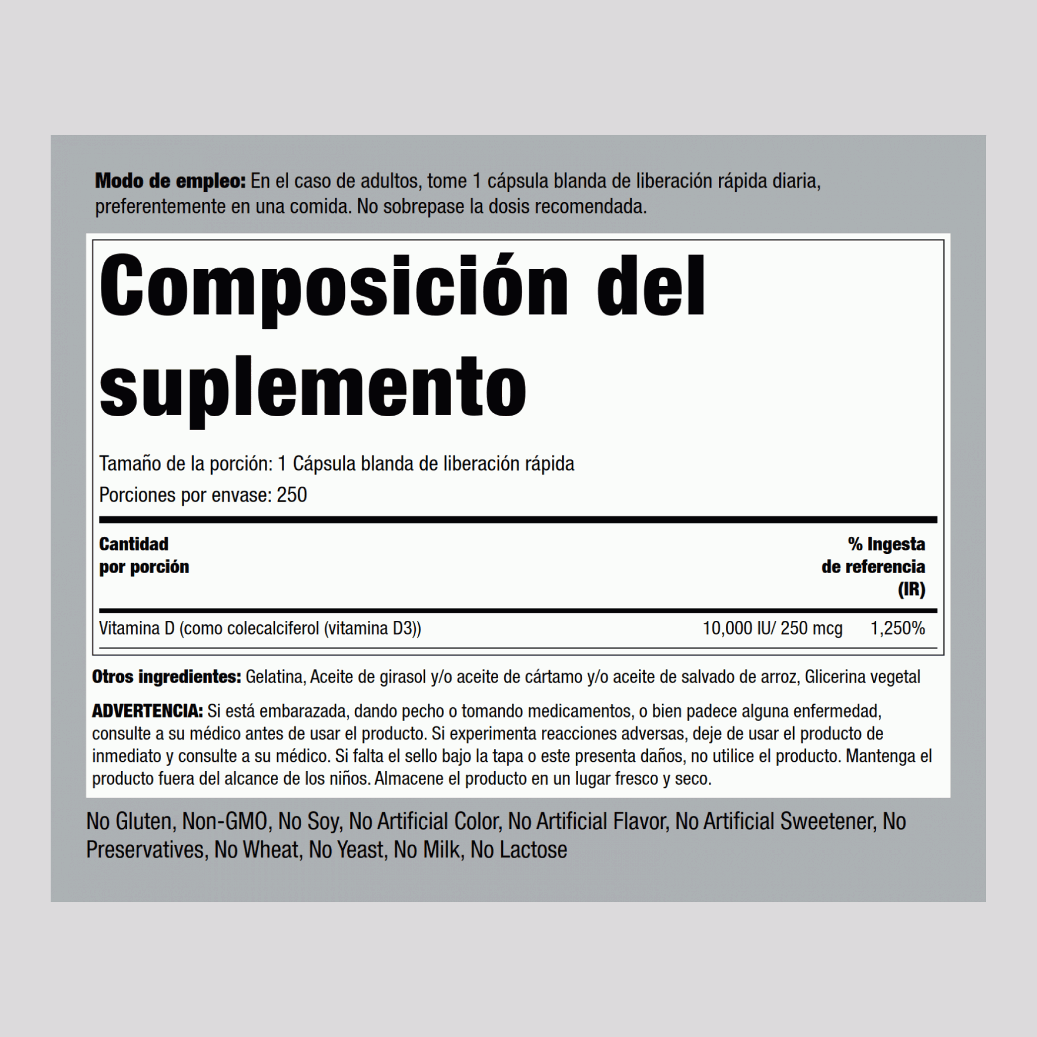 Vitamina D3 de alta potencia  10,000 IU 250 Cápsulas blandas de liberación rápida     