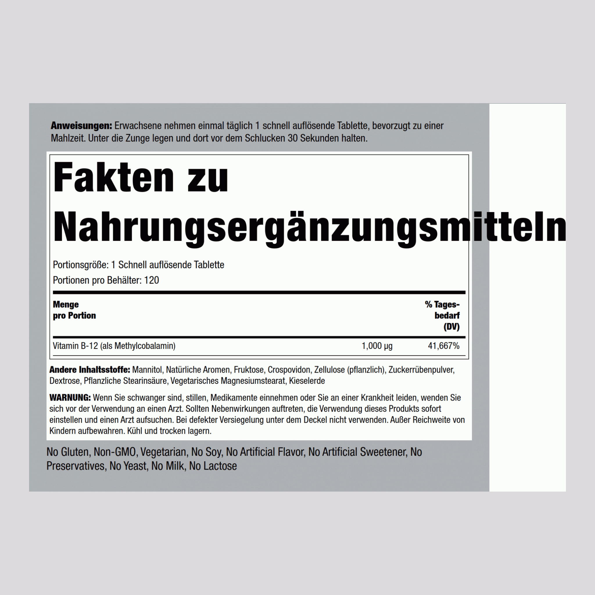 Methylcobalamin B-12 (sublingual) 1000 µg 120 Schnell lösliche Tabletten     