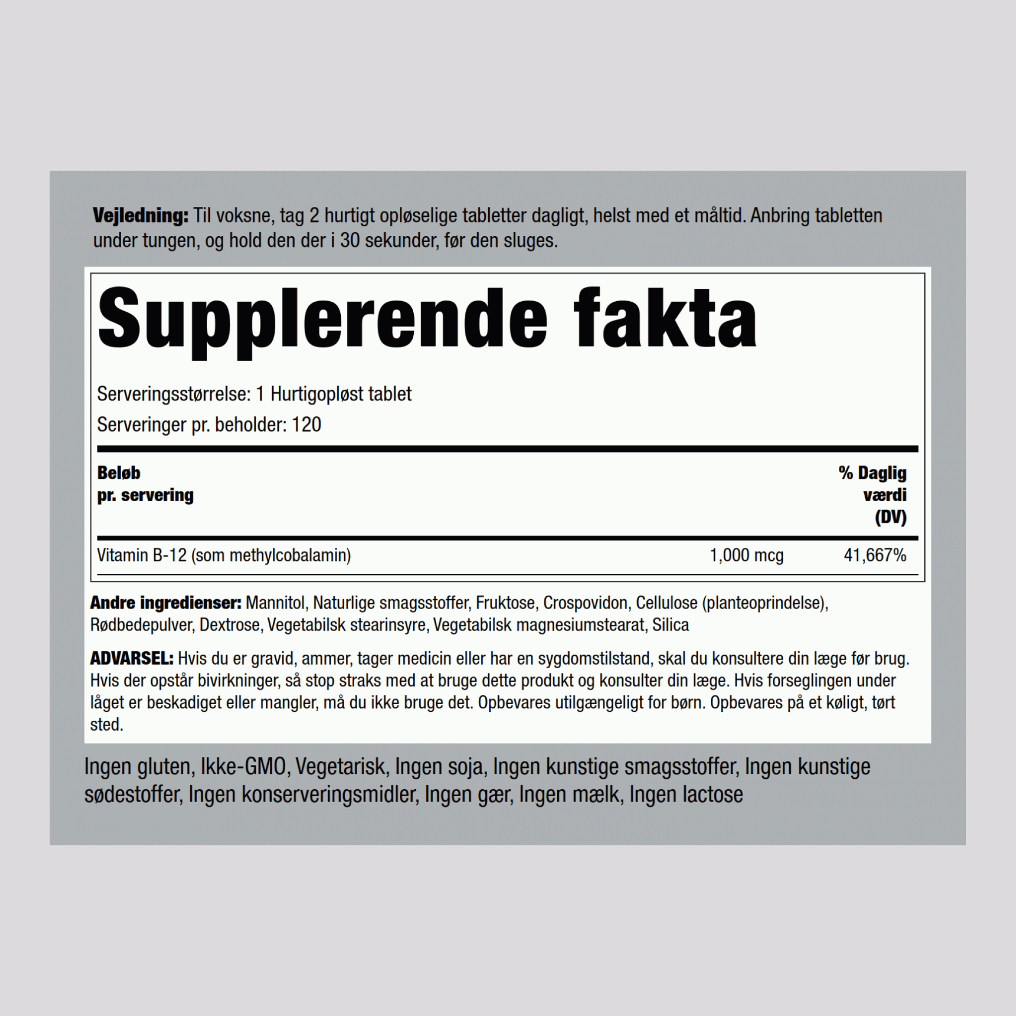 Methylcobalamin B-12 (placeres under tungen) 1000 mcg 120 Hurtigt opløselige tabletter     