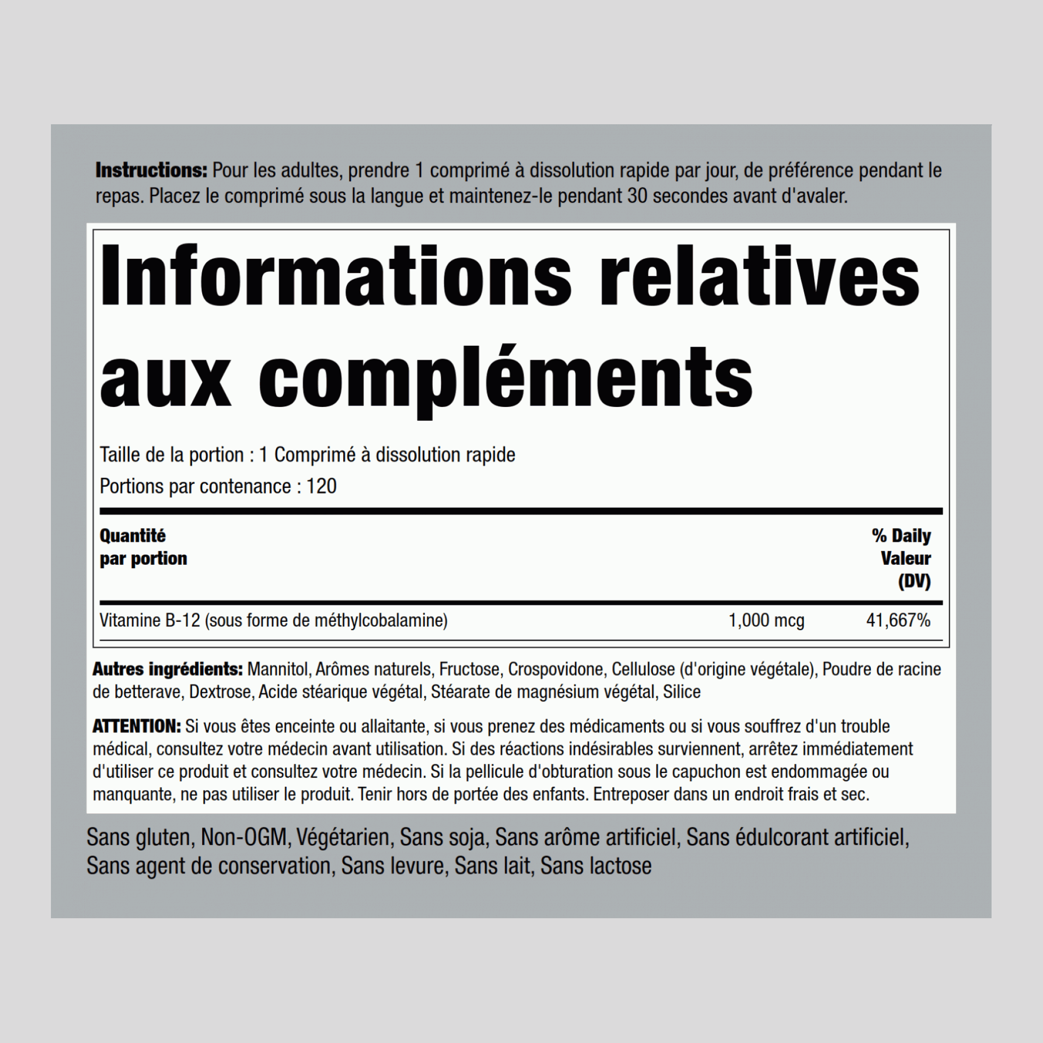 Méthylcobalamine B-12 (sublinguale) 1000 mcg 120 Comprimés à dissolution rapide     