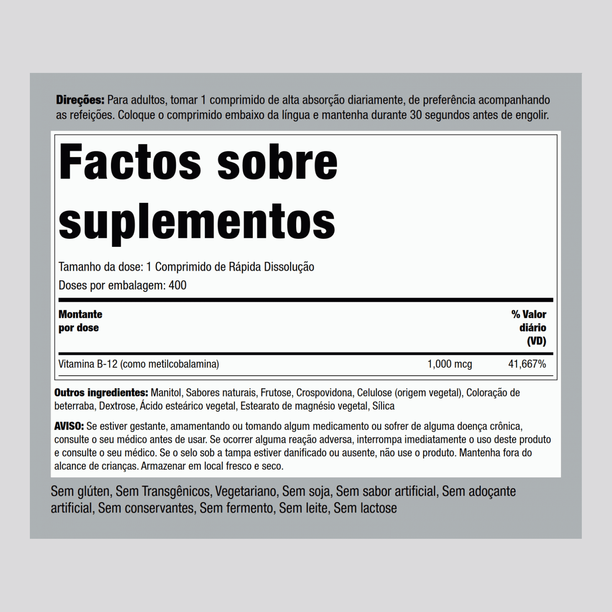 Metilcobalamina B12 (sublingual) 1000 mcg 400 Comprimidos de dissolução rápida     