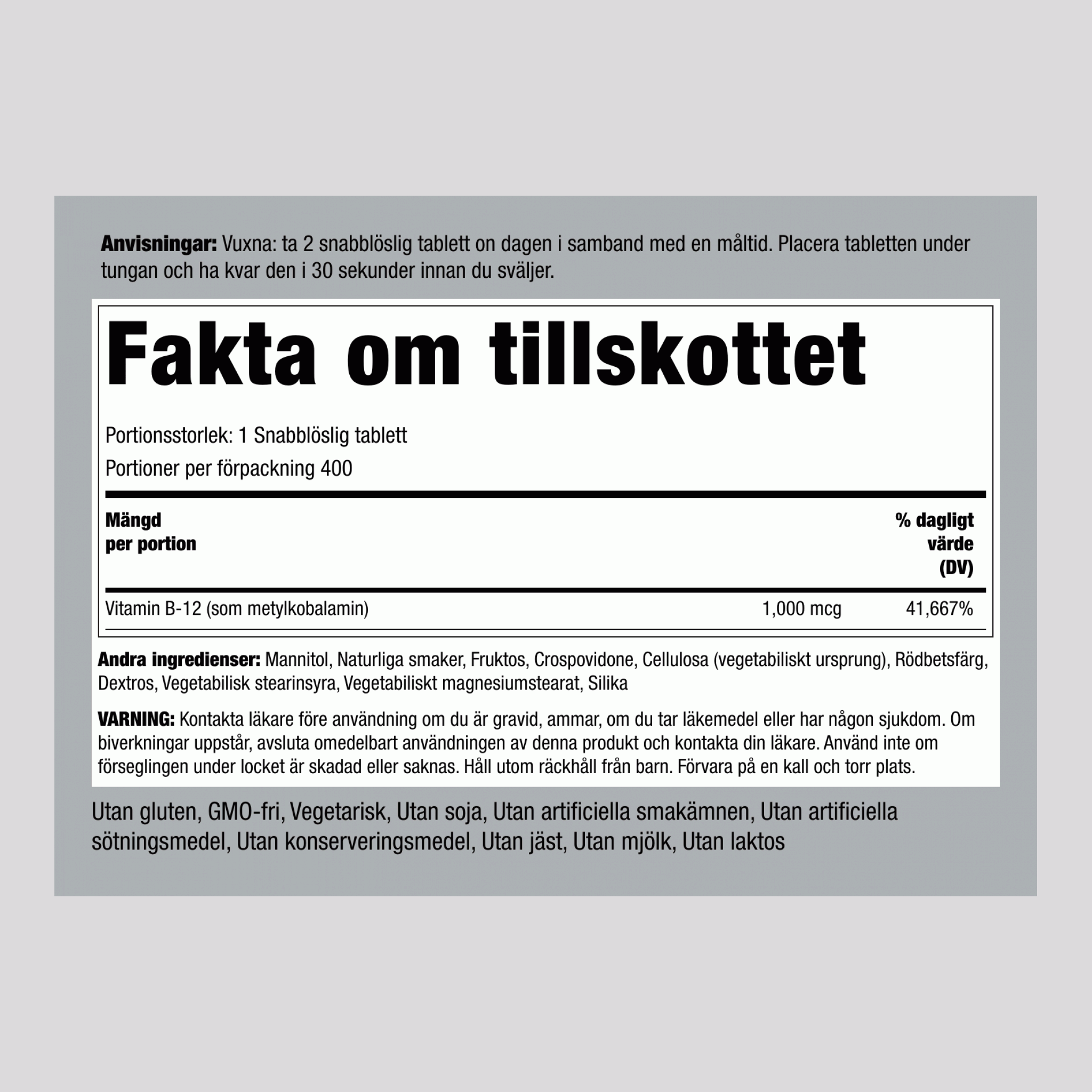 Metylkobalamin B-12 (sublingual) 1000 mcg 400 Snabbupplösande tabletter     