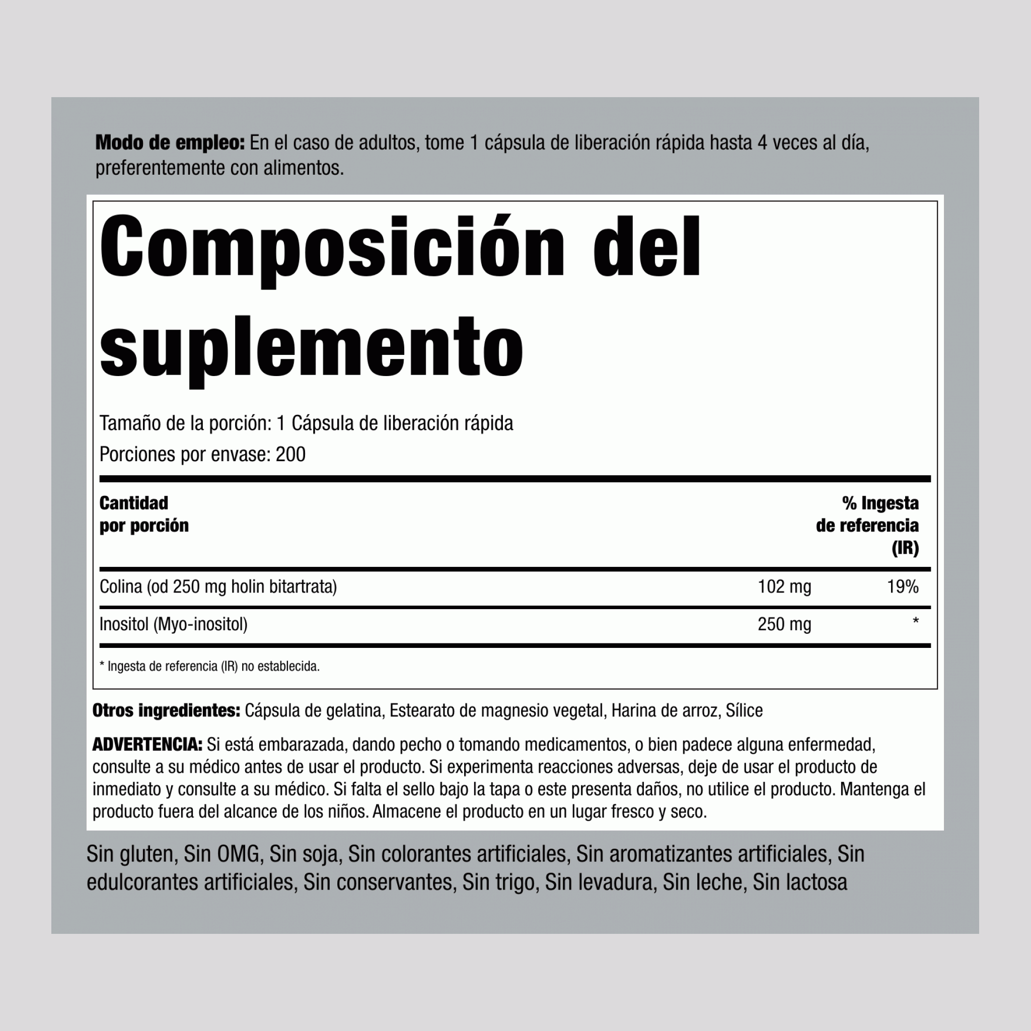 Colina e inositol 500 mg 200 Cápsulas de liberación rápida     
