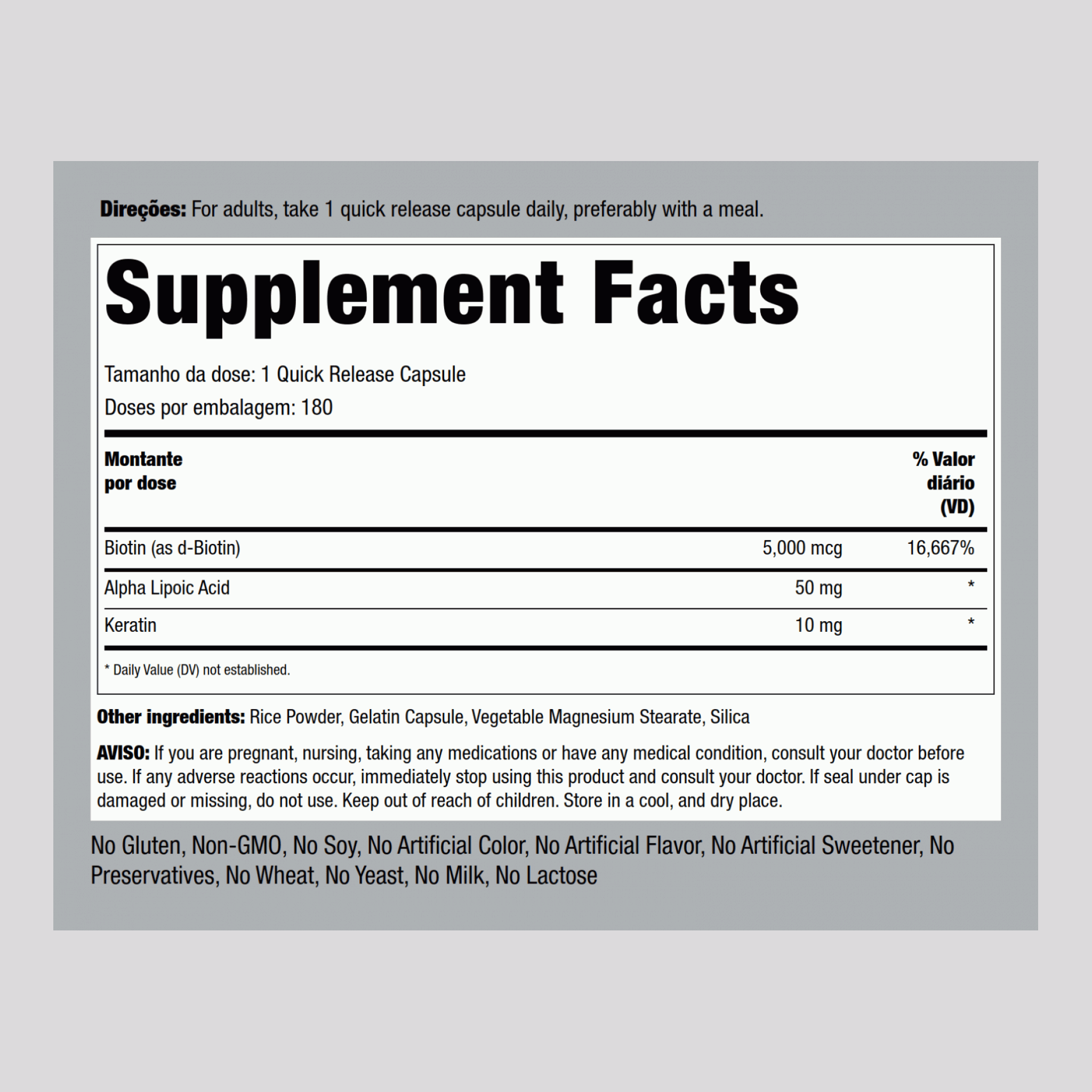 Complexo Biotin 5000 mcg (5 mg) Plus ALA & Queratina 180 Cápsulas de Rápida Absorção       